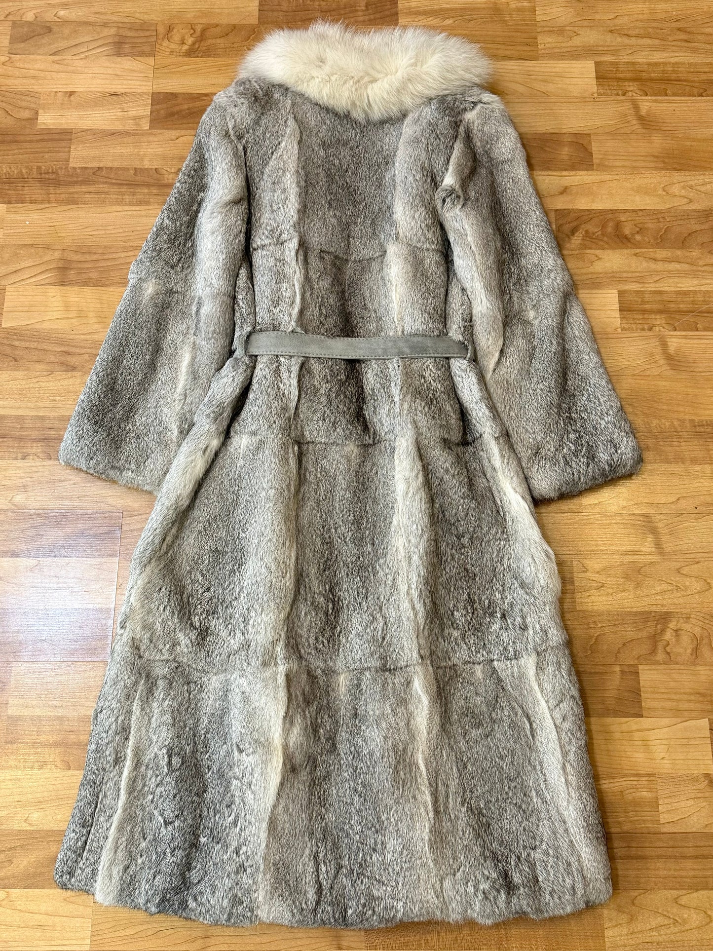 Vintage Grey Rabbit Fur Tie Waist Coat | Medium
