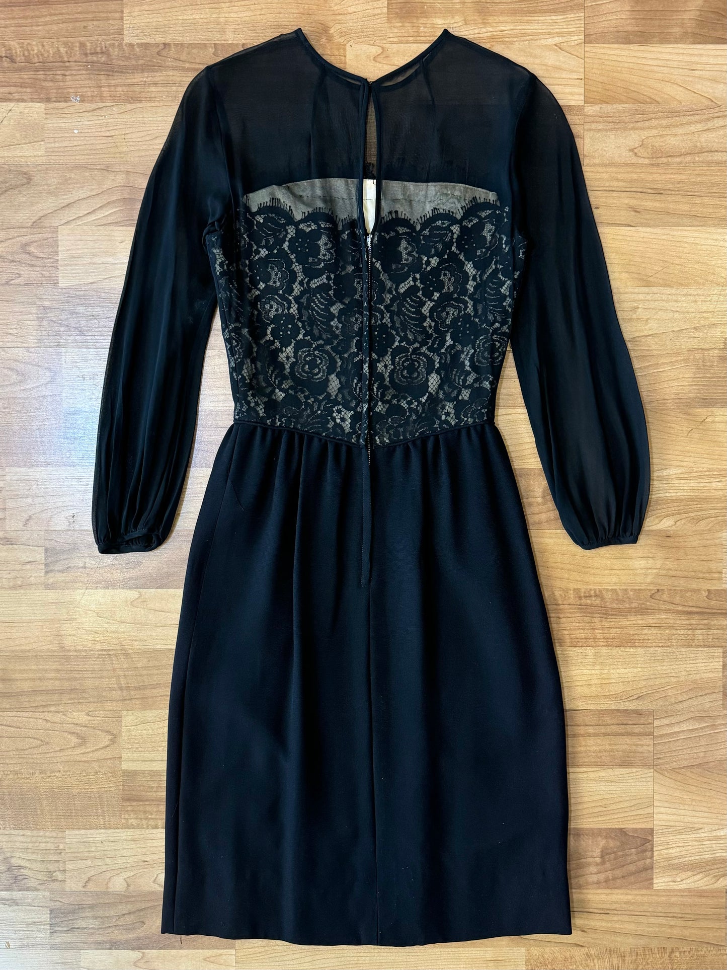 Vintage 1950s Black Chiffon & Lace Cocktail Dress | XS