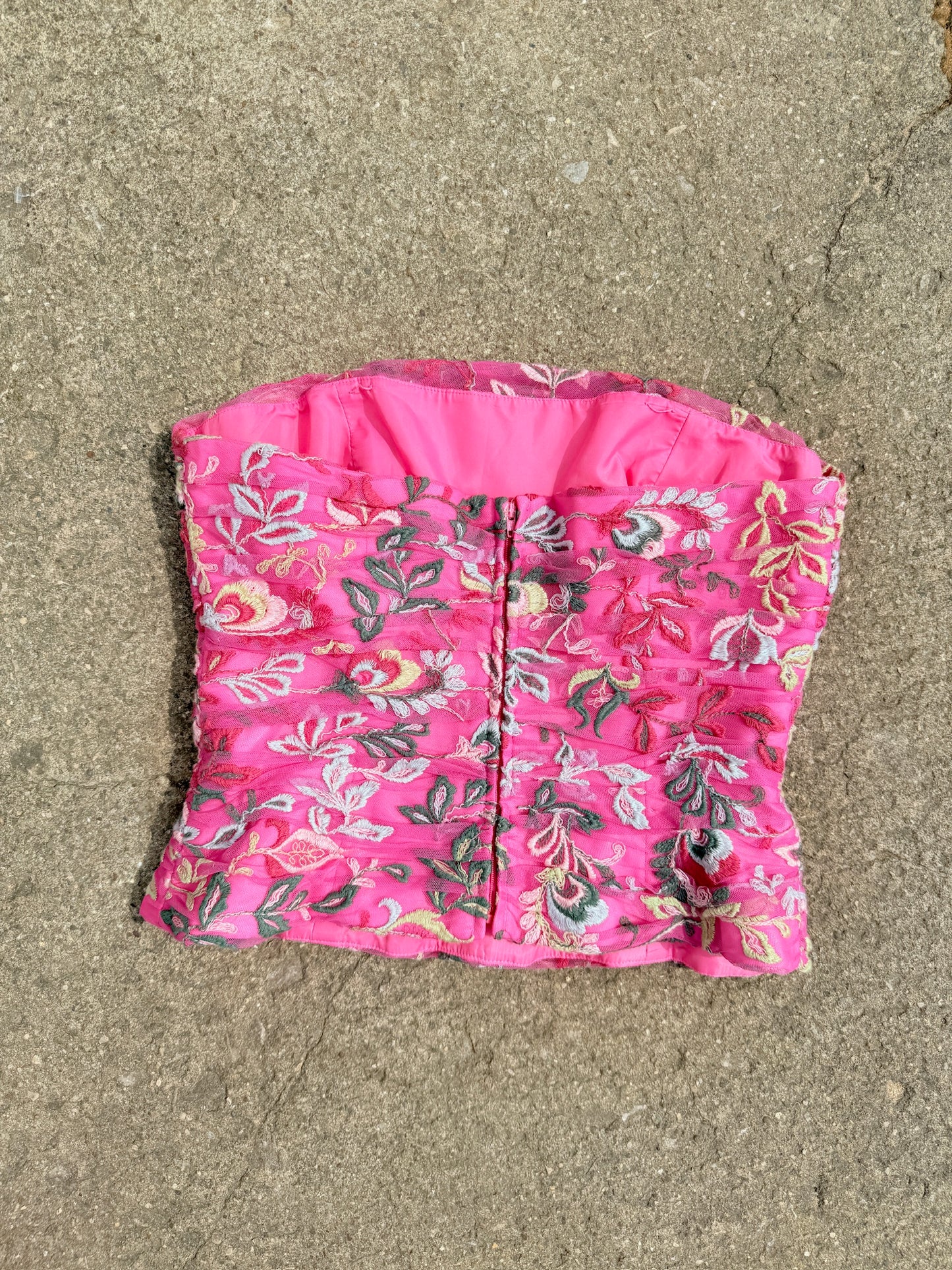 Kay Unger Hot Pink Paisley Embroidered Strapless Corset Top | S/M