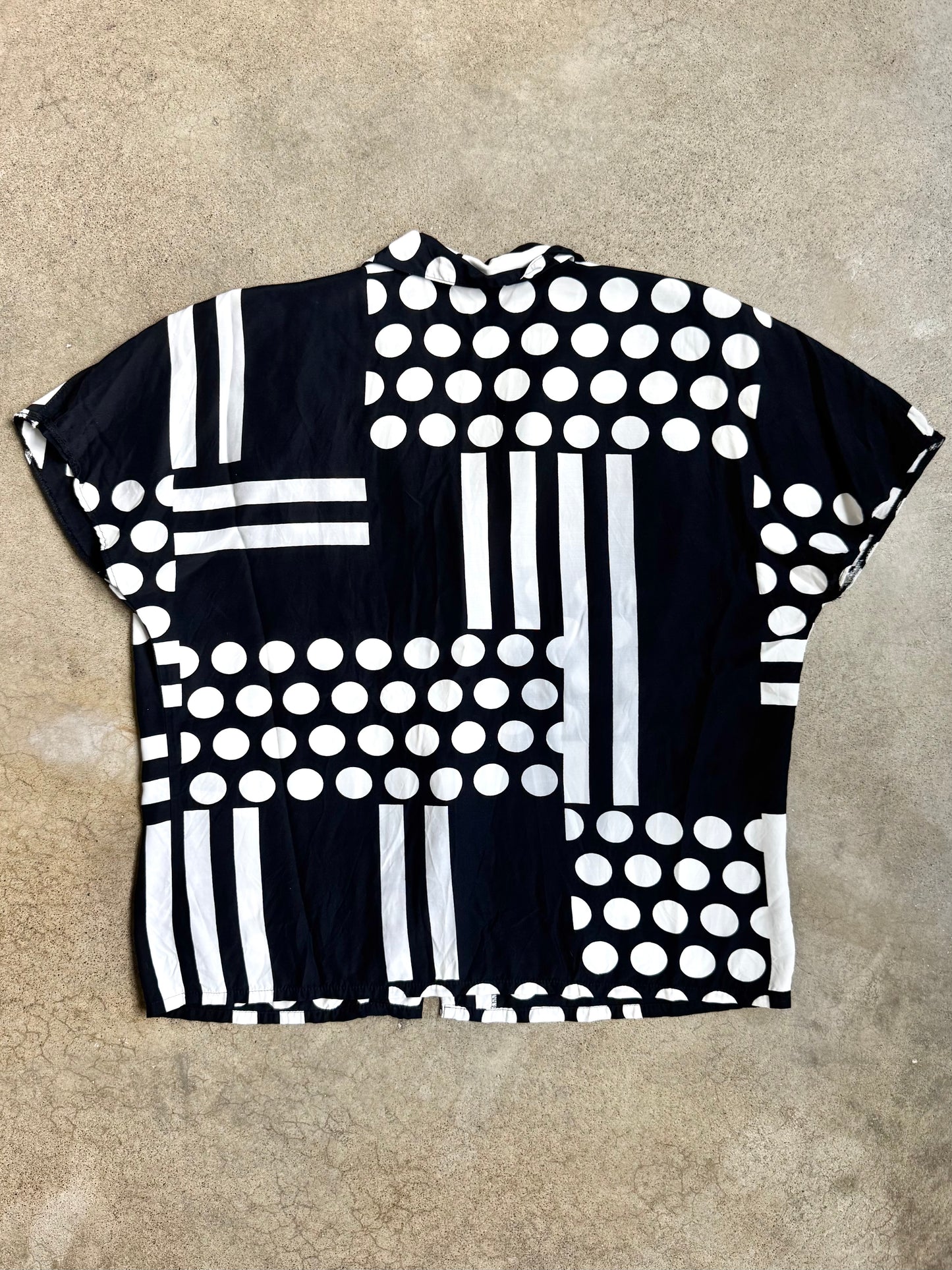 Vintage 1980s Black & White Geometric Polka Dot Blouse | S/M