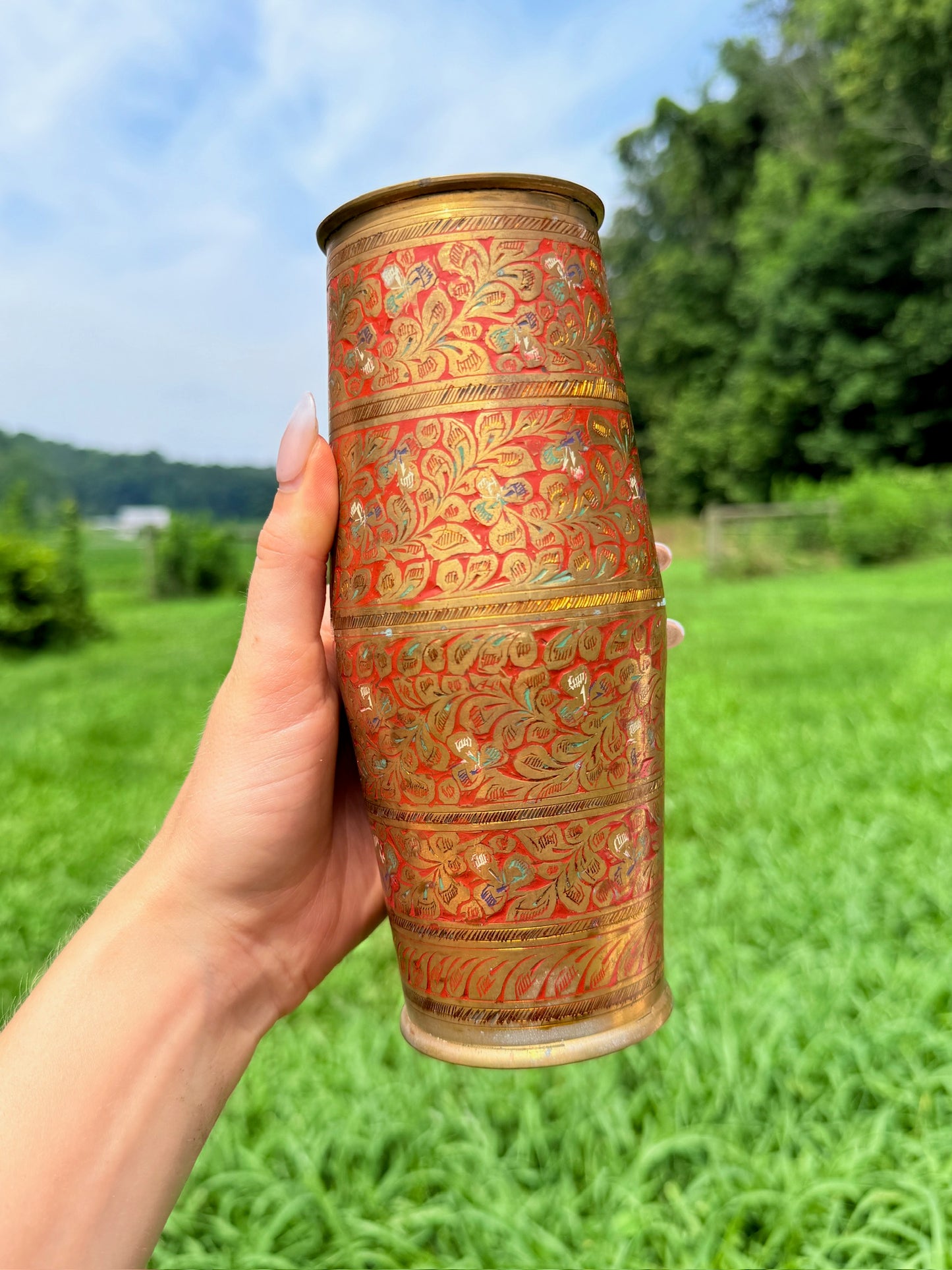 Vintage 1950s Solid Brass Floral Etched Vase