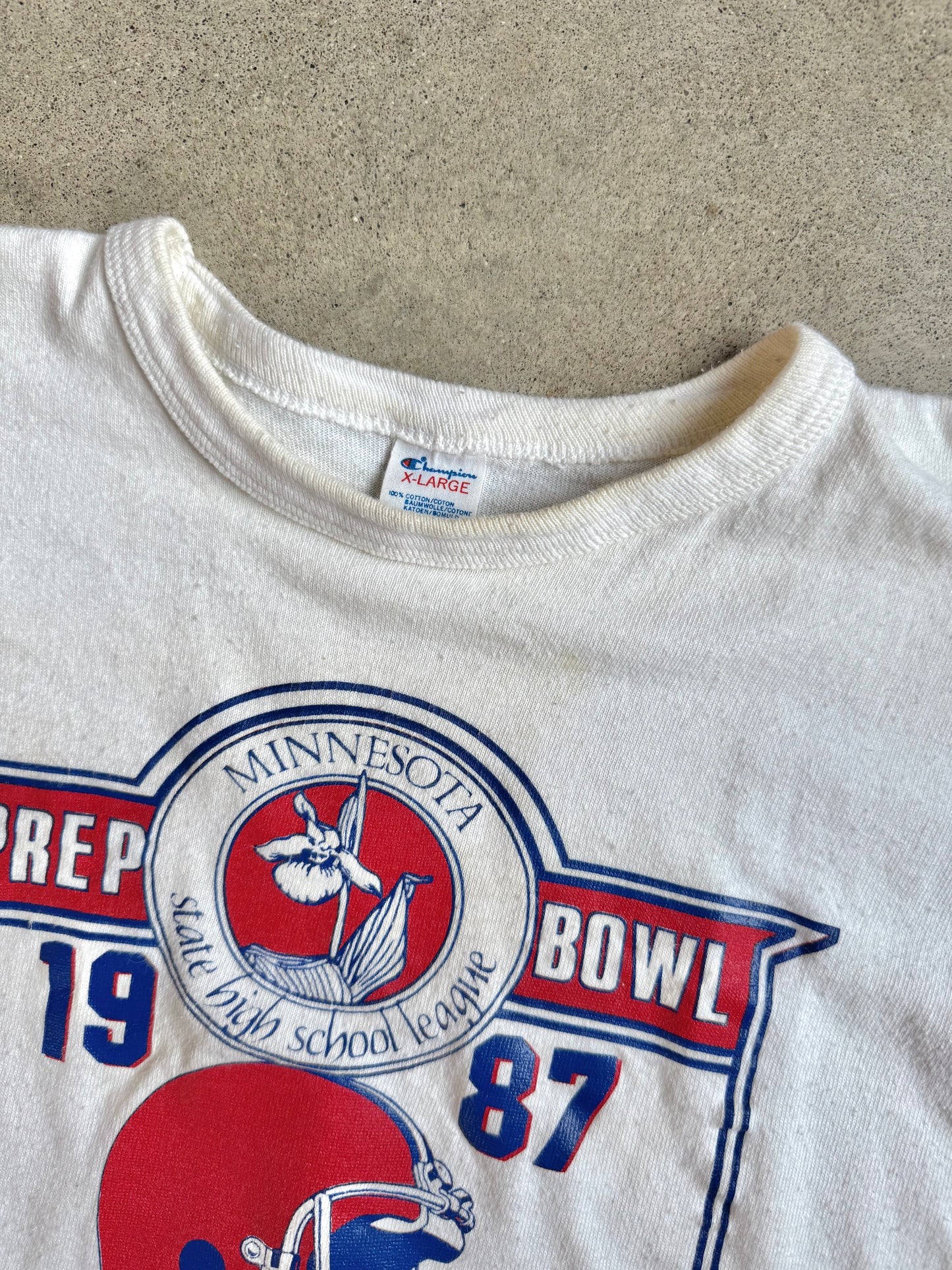 Vintage 1980s Champion Minnesota State High School League Prep Bowl White Cotton Tee | XL