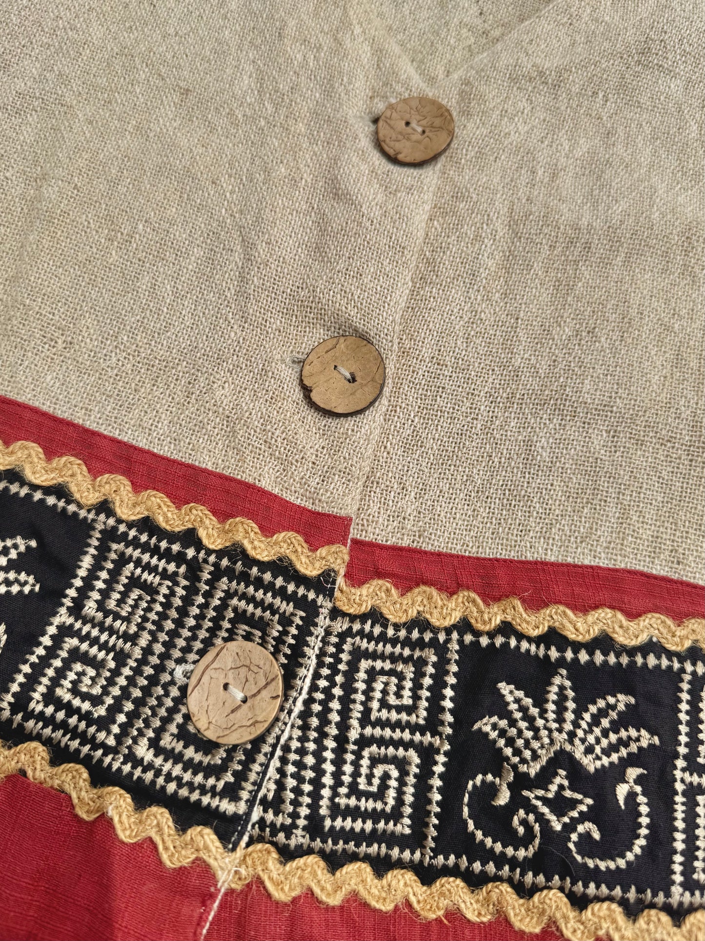 Vintage 1990s Woven Embroidered Trim Wood Button Vest | S/M