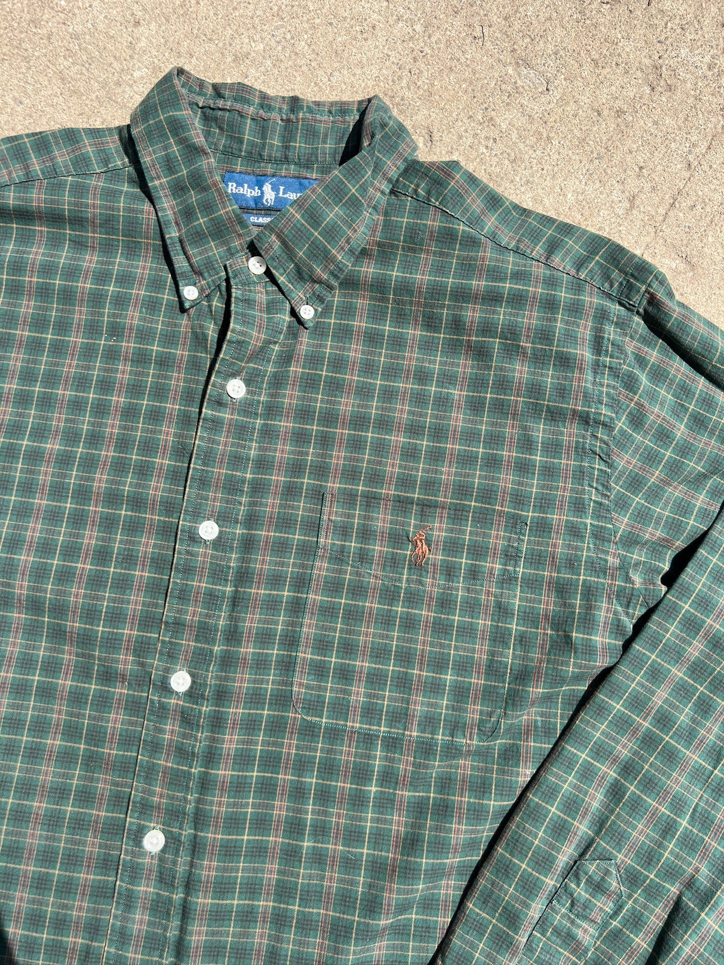 Vintage 1990s Ralph Lauren Green Plaid Cotton Button Down Shirt | XL
