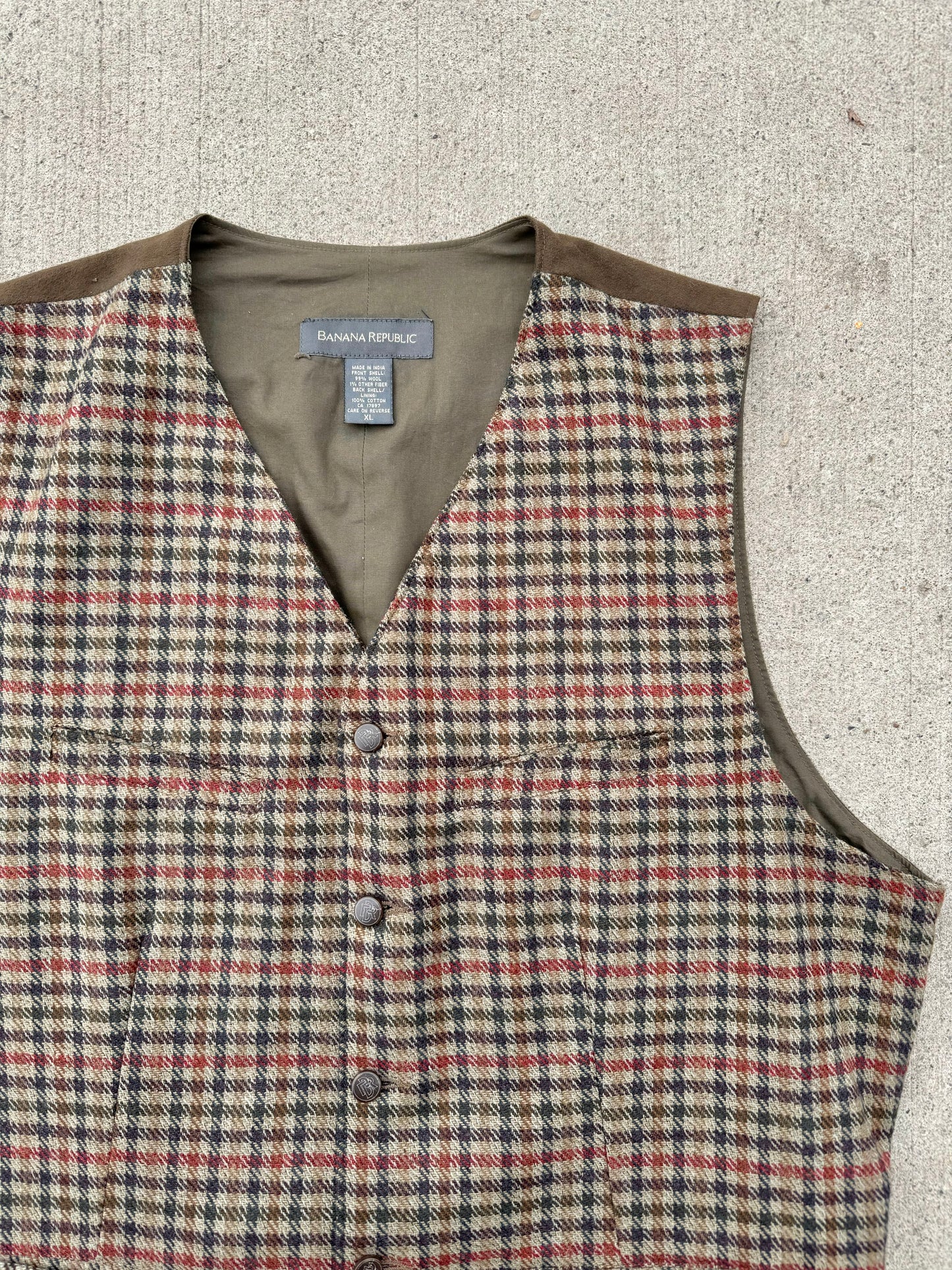 Vintage 1990s Banana Republic Brown Plaid Wool Vest | XL