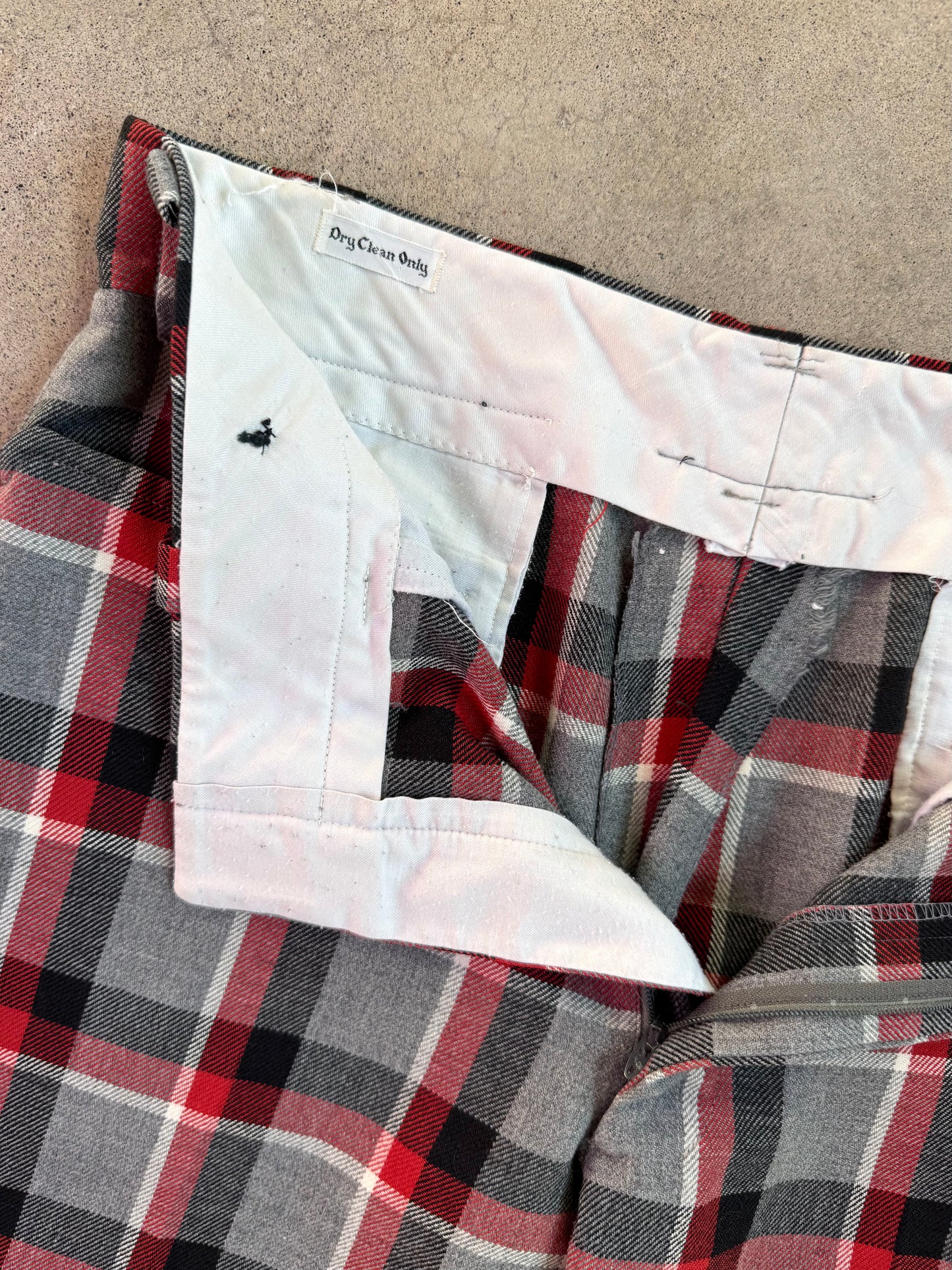 Vintage 1960s Red & Grey Plaid Wool Wide Leg Trousers | Waist 36”