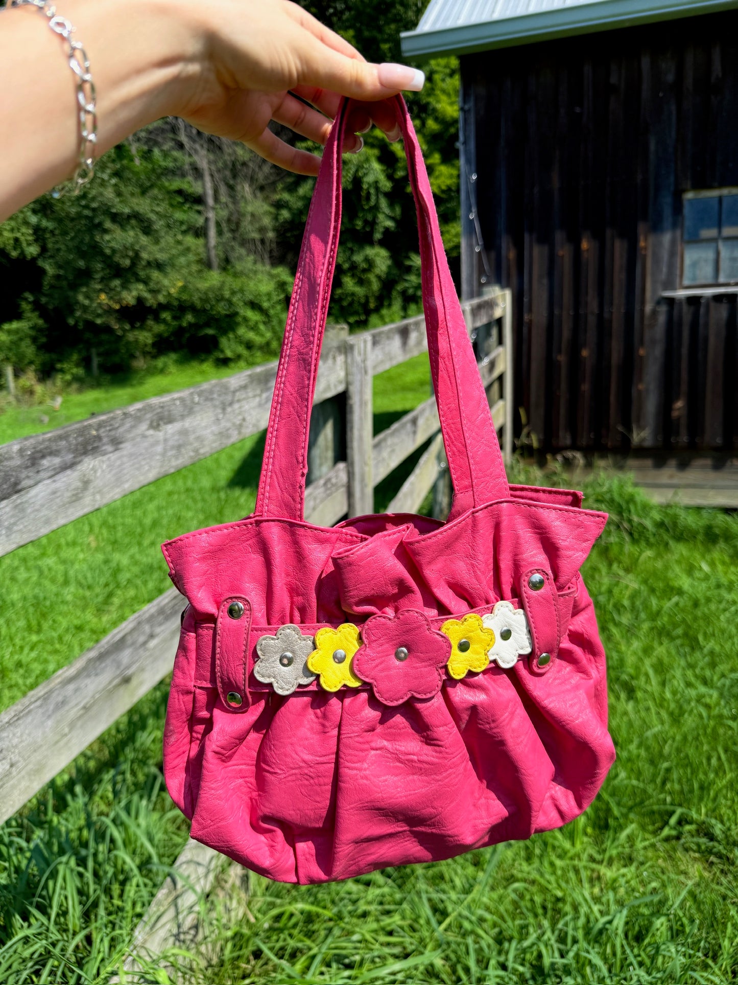2000s Hot Pink Floral Appliqué Vinyl Shoulder Bag