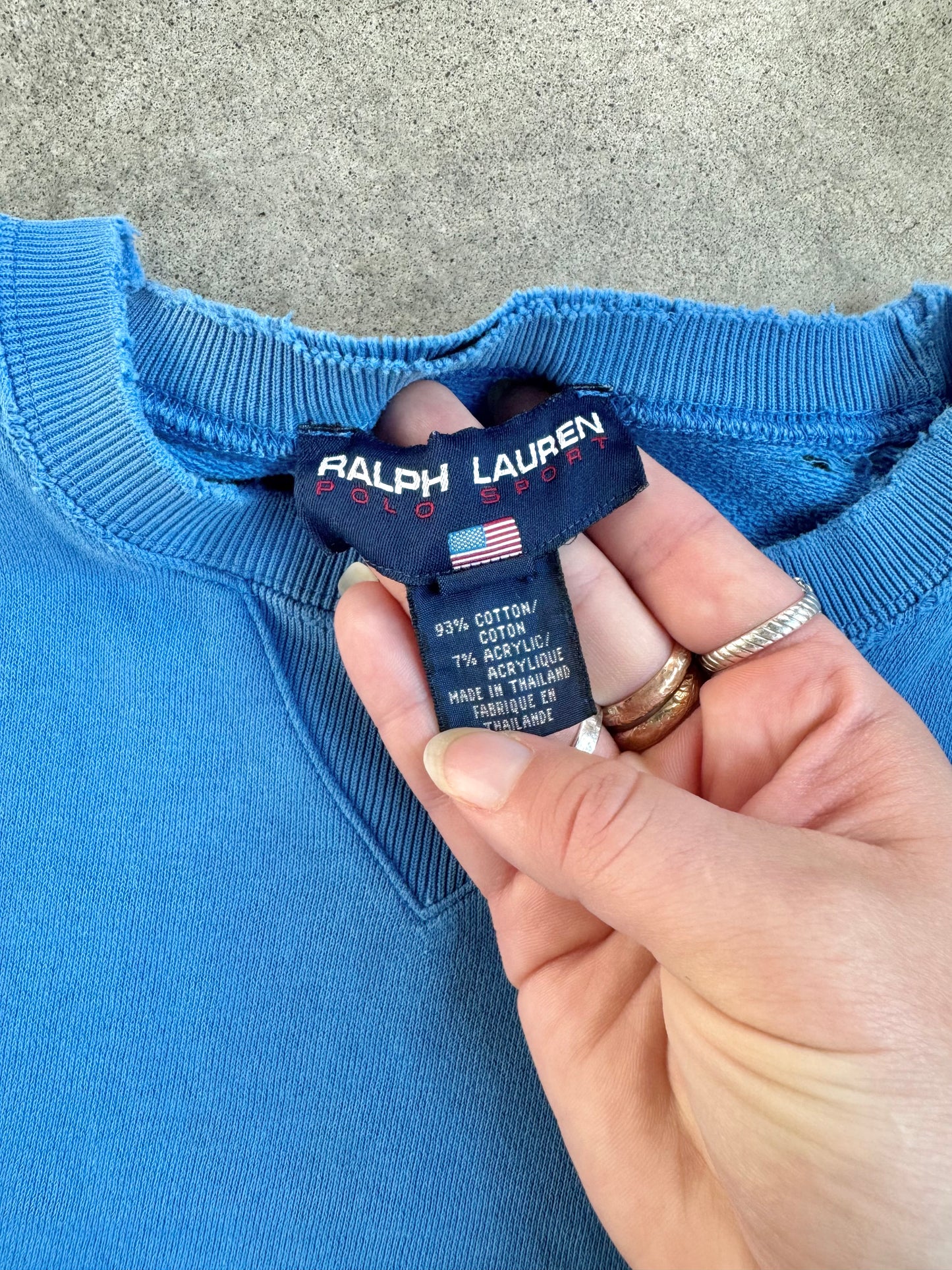 Vintage 1990s Polo Ralph Lauren Blue Distressed Crewneck Sweatshirt | Large