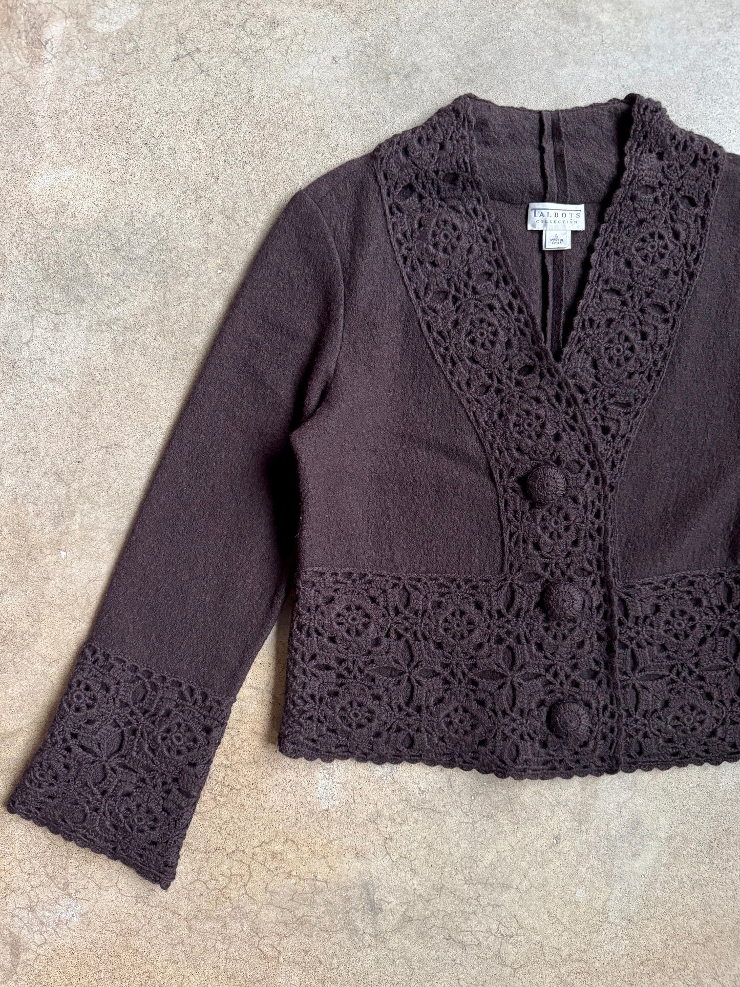2000s Talbots Collection Brown Wool Crochet Trim Cardigan | Large