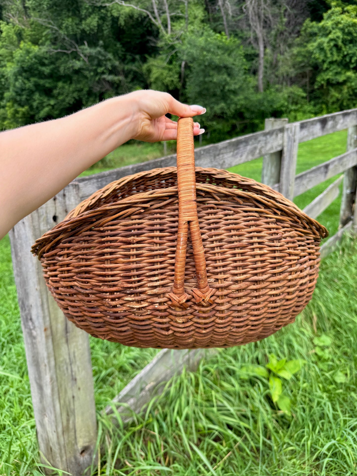 Vintage 1950s Handwoven Top Handle Harvest Basket