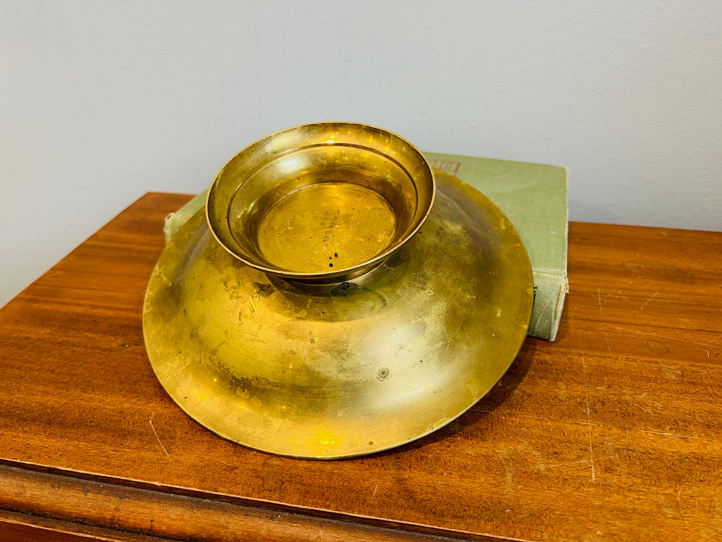 Vintage 1950s Brass Etched Pedestal Bowl