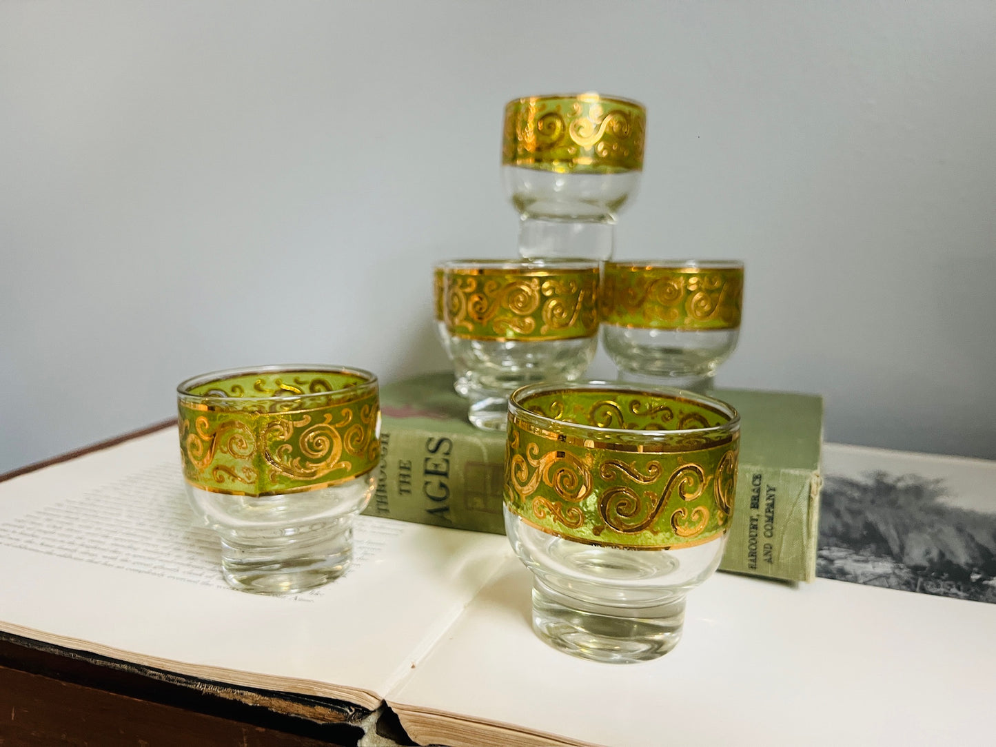 Vintage Culver Green & Gold Speck Glasses | Set of 6