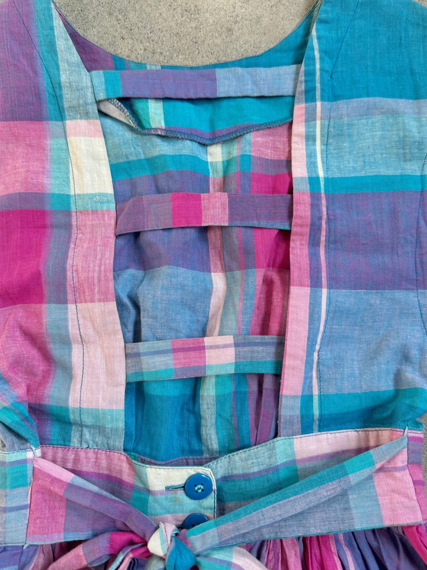 Vintage 1960s Pink & Purple Plaid Tie Waist Cotton Mini Dress | XS