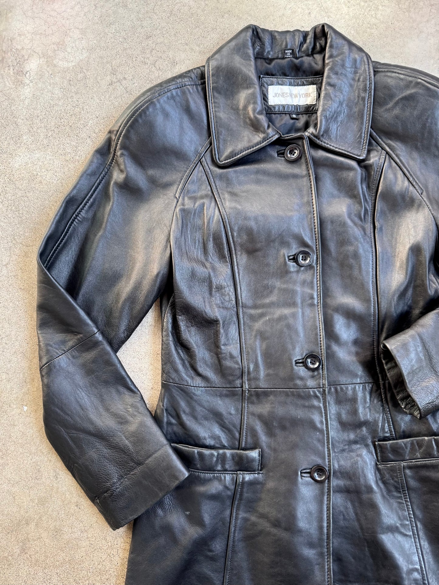 Vintage 1990s Jones New York Black Leather Button-Up Jacket | Small