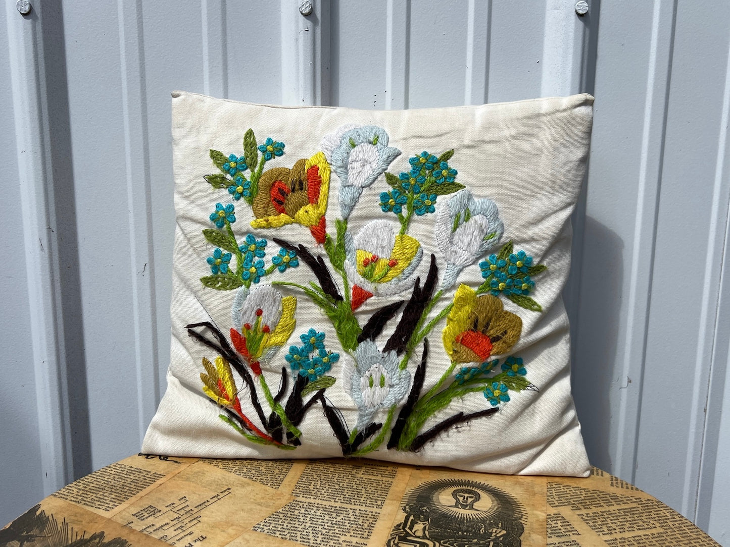 Vintage 1970s Crewel Embroidery Floral Throw Pillow