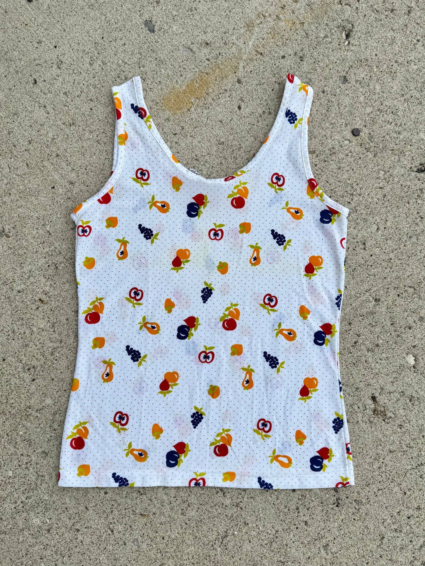 Vintage 1970s Miss Holly Fruit Print Nylon Tank Top | Large
