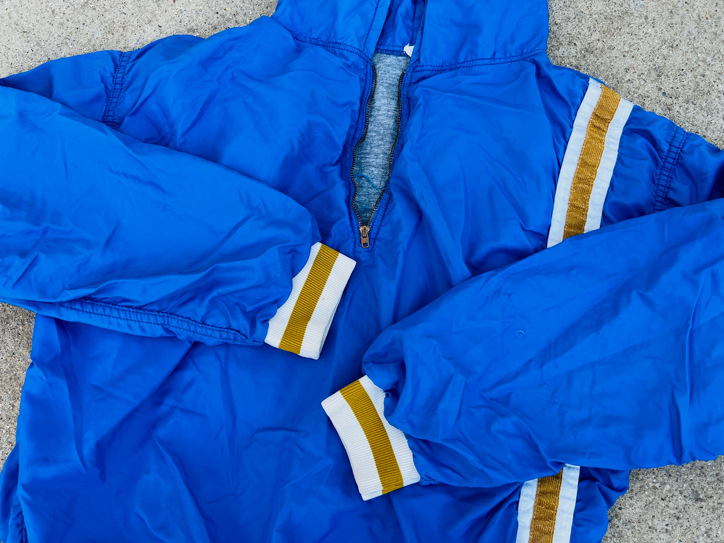 Vintage 1970s Blue Striped Half Zip Hooded Pullover Windbreaker | Large