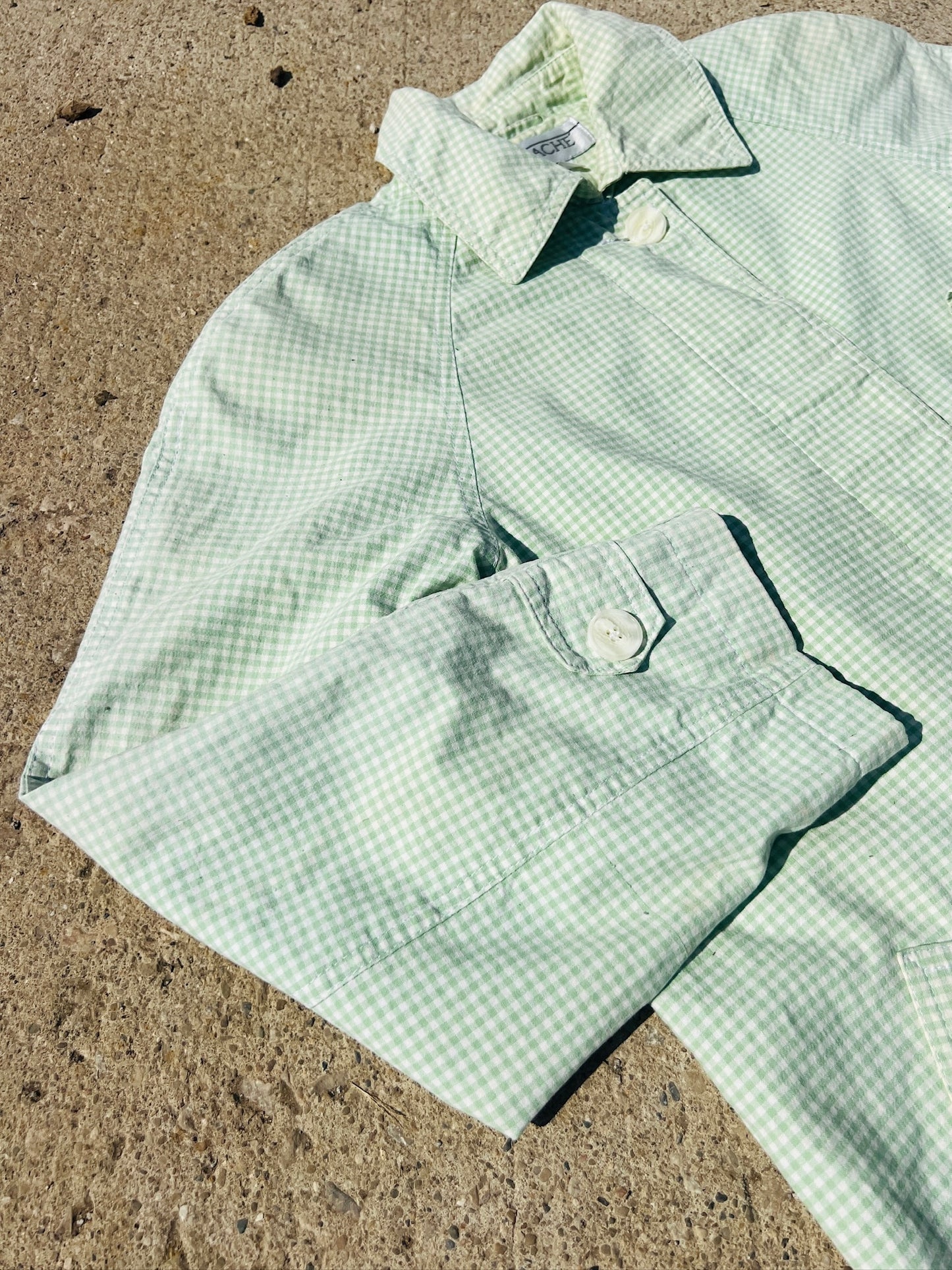 Vintage 1980s Panache Green Gingham Cotton Trench Coat | Small