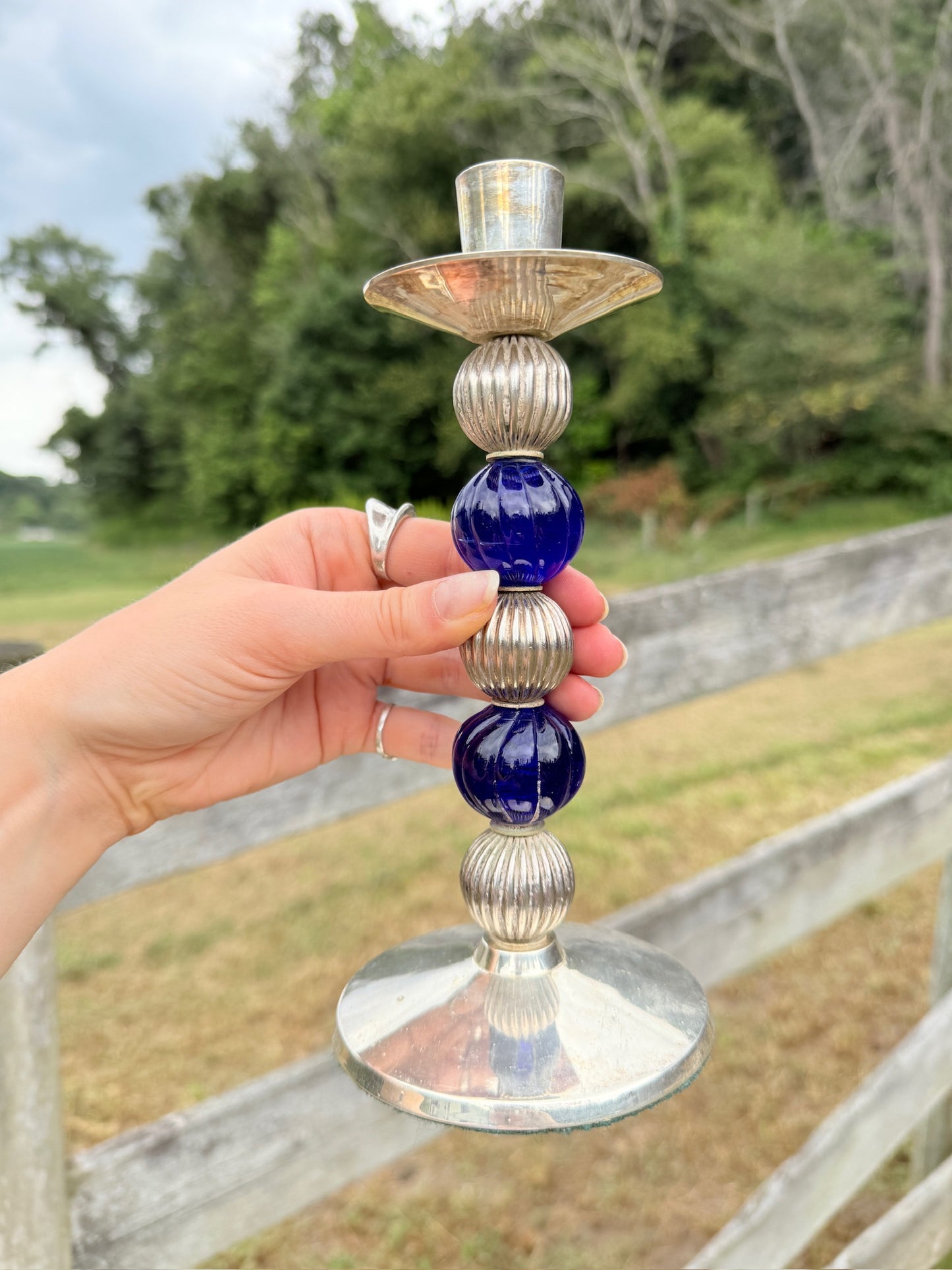 Vintage 1970s/80s Blue & Silver-Plated Stacked Orb Candlestick Holders | Set of 2
