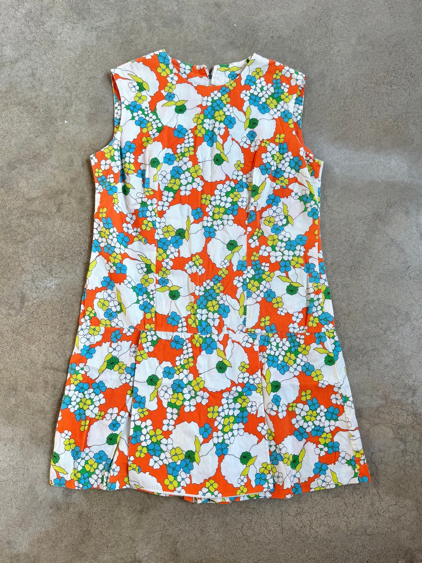 Vintage 1960s Orange Floral Drop Waist Skort Dress | Large