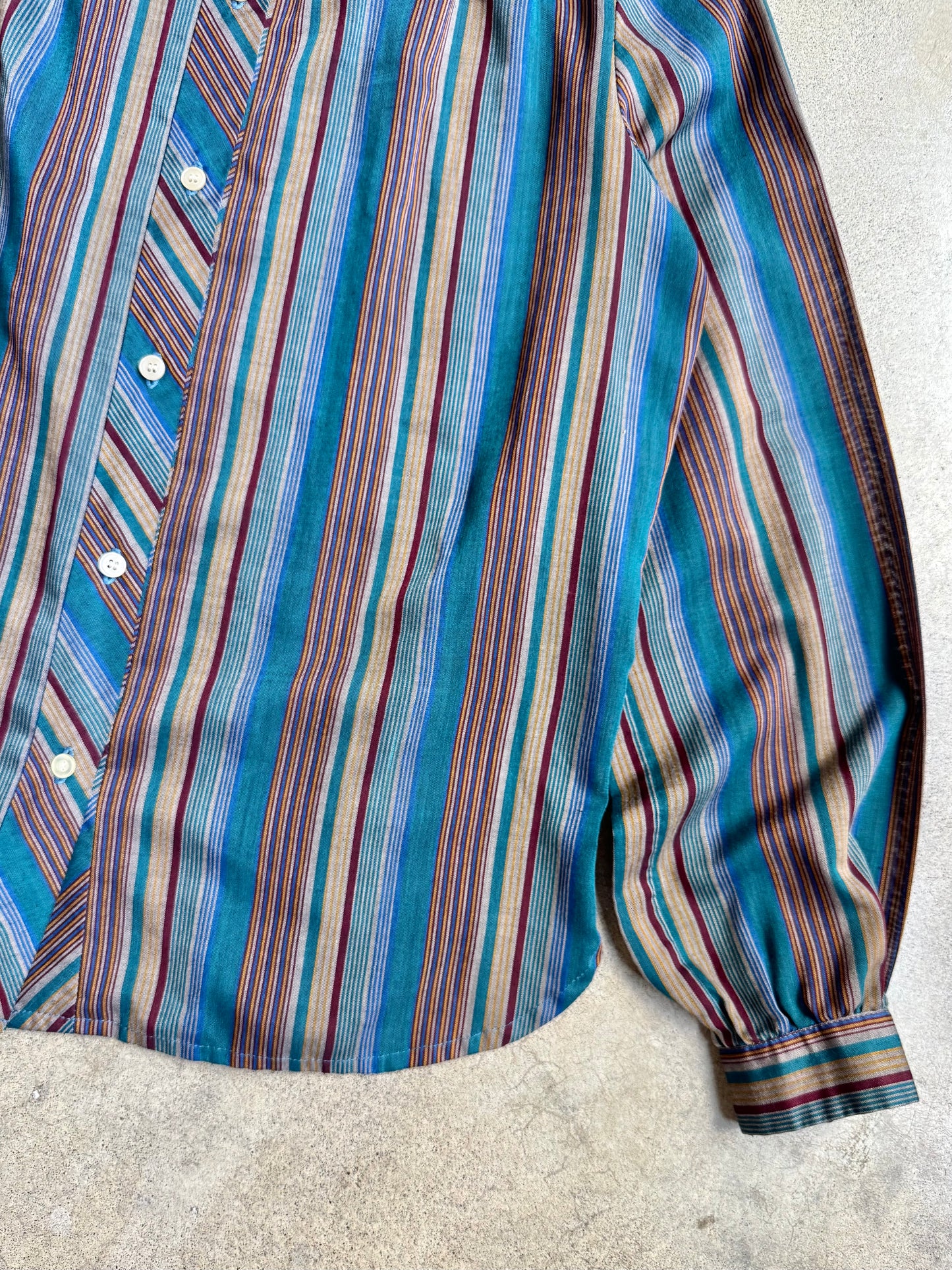 Vintage 1980s Cool-Tone Striped Band Collar Blouse | Medium
