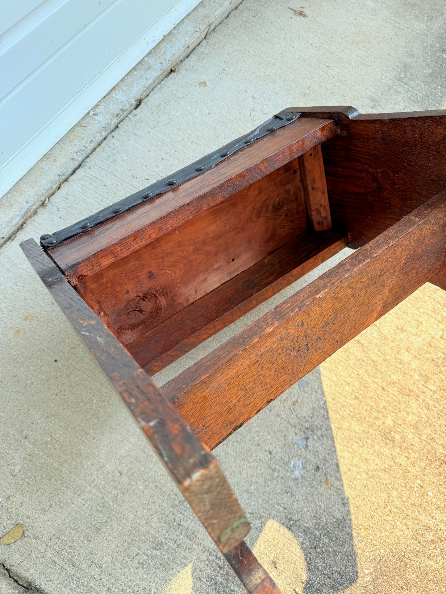 Antique 1920s Arts & Crafts Style Oak & Leather Stool