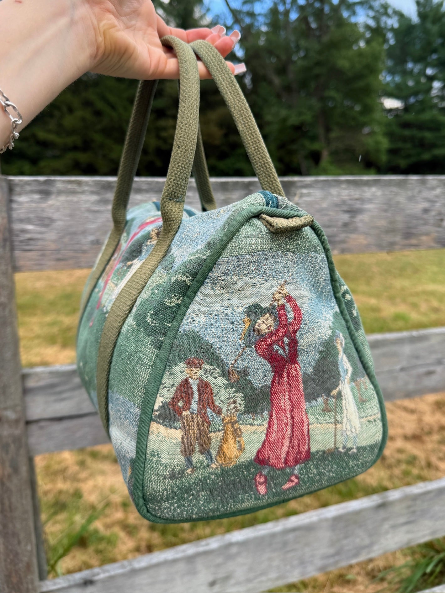 Vintage 1980s Top Handle Golf Tapestry Handbag