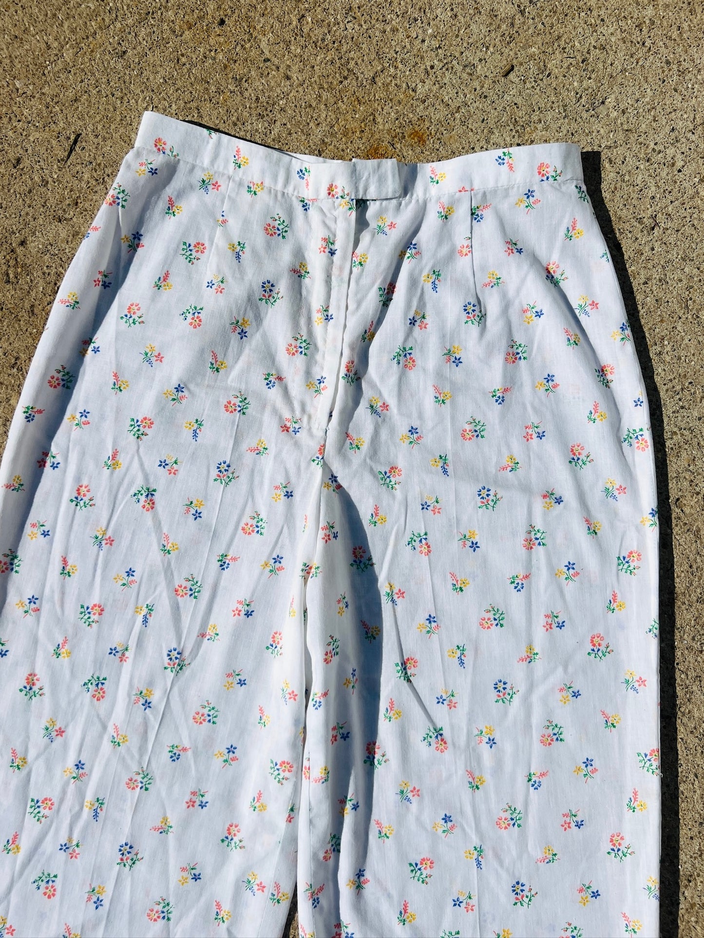 Vintage Handmade White Floral Cotton Pants | Waist 28”