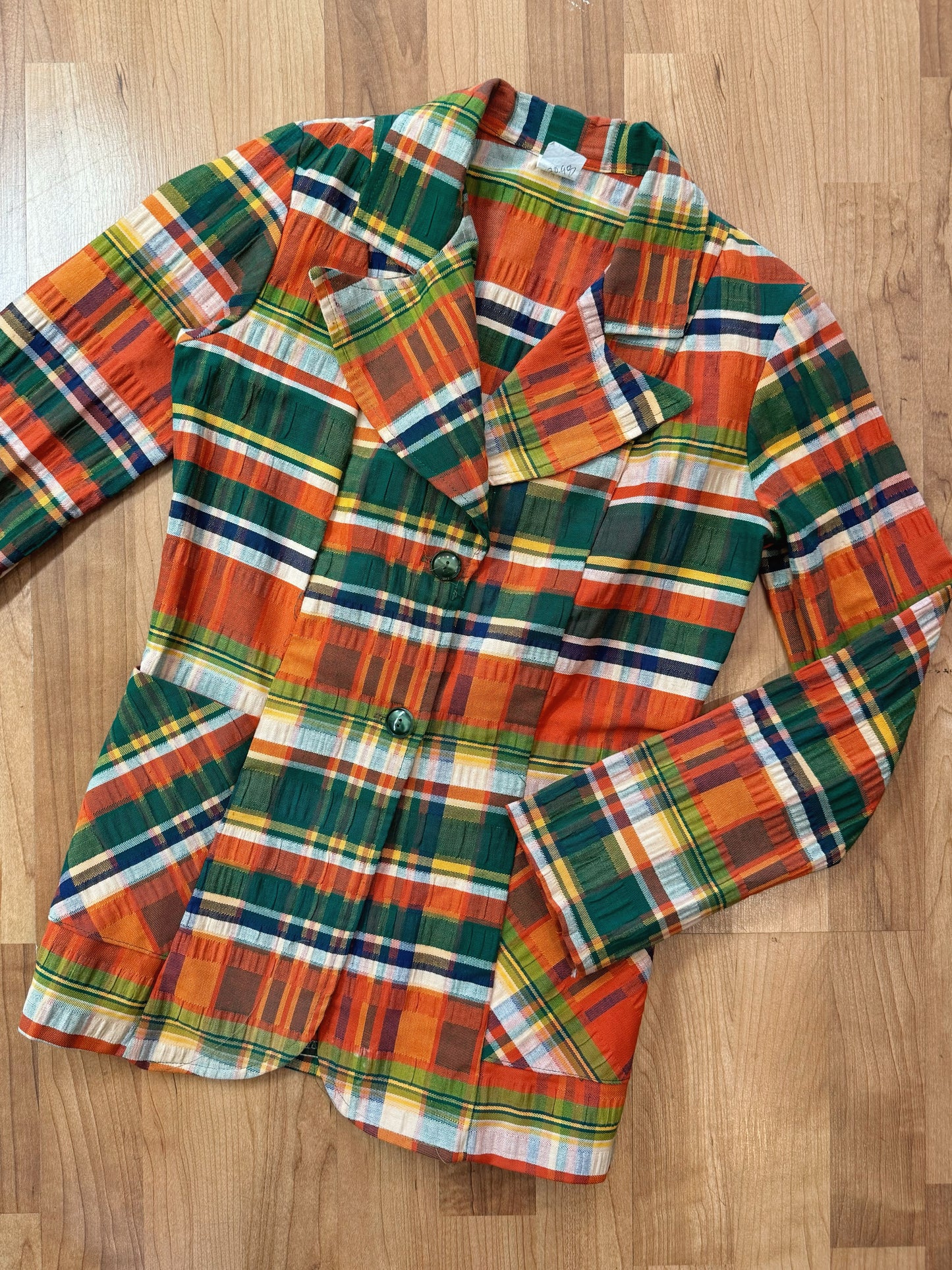 Vintage 1970s Multi Plaid Woven Blazer Jacket | XS/S