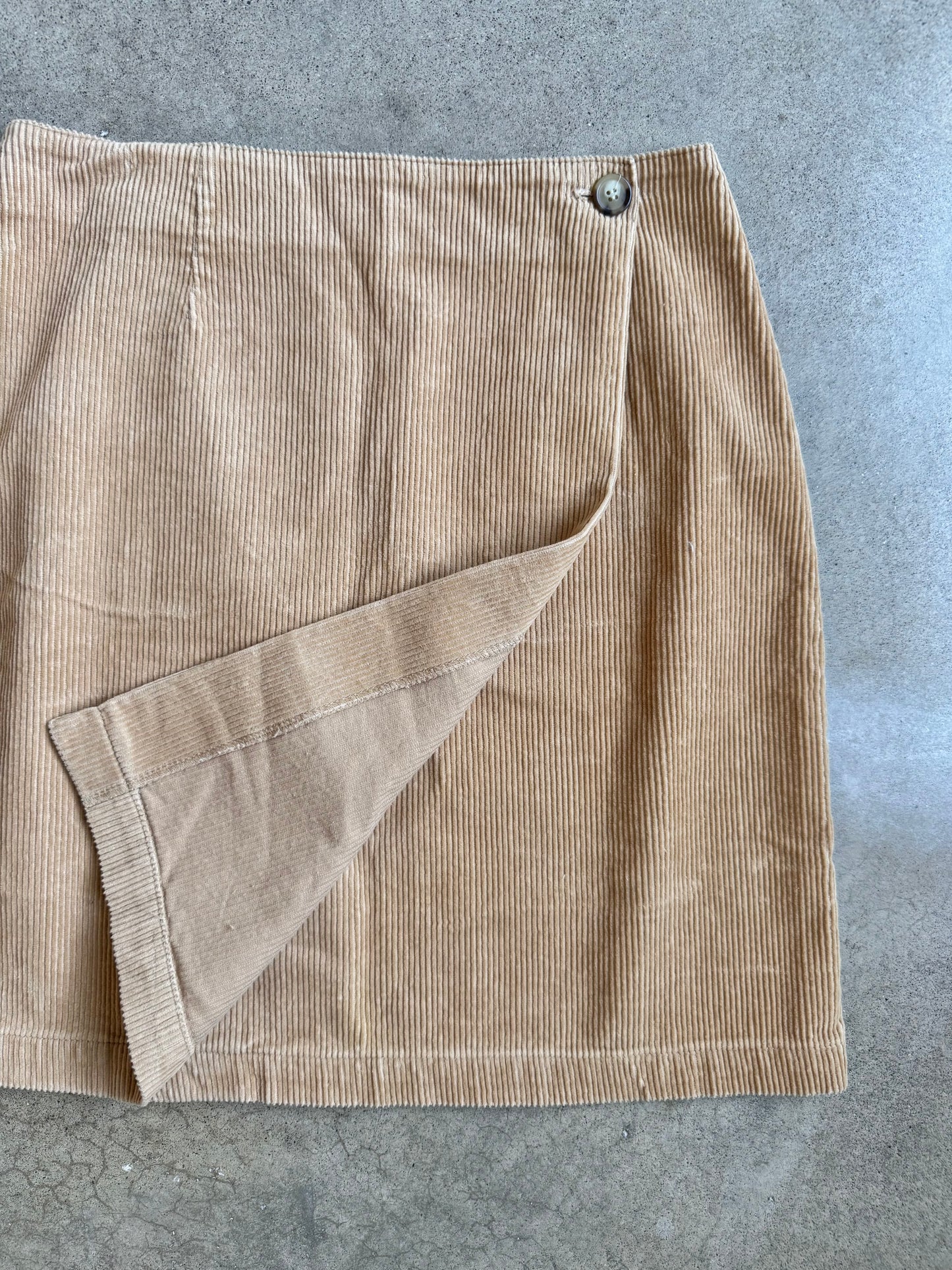 Vintage 1990s Paul Harris Design Tan Corduroy Mini Wrap Skirt | Waist 30”