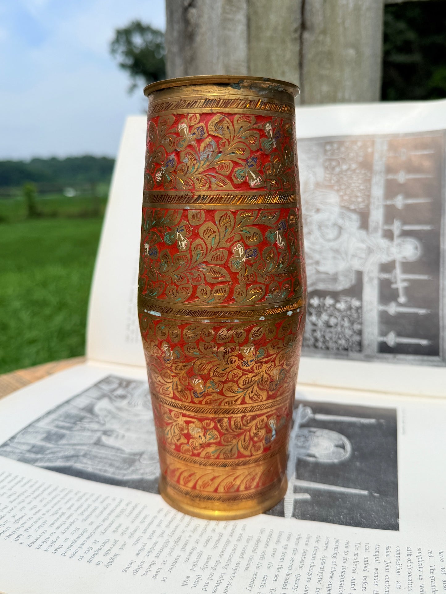 Vintage 1950s Solid Brass Floral Etched Vase
