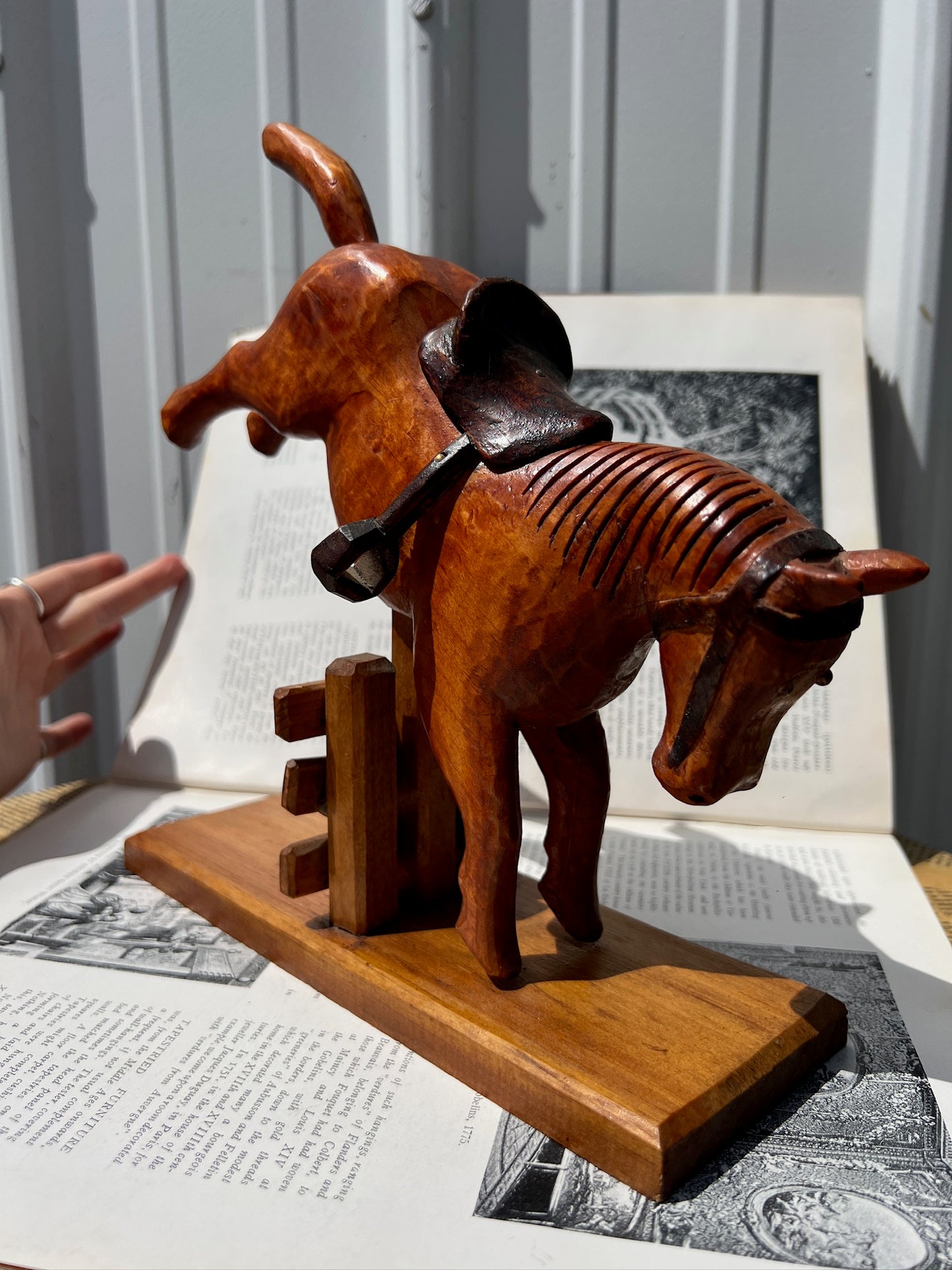 Vintage 1960s Wood Carved "Horse Jumping Fence" Folk Art