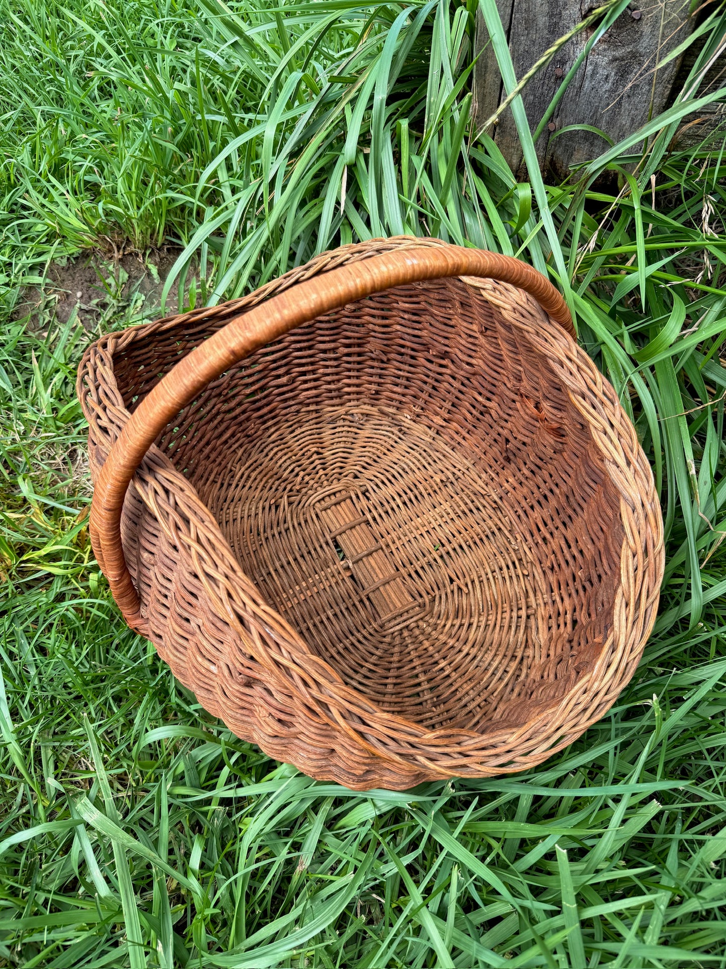 Vintage 1950s Handwoven Top Handle Harvest Basket