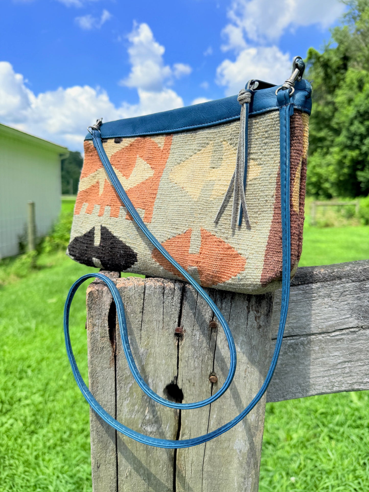 Vintage 1970s Turquoise Leather Tapestry Crossbody Bag