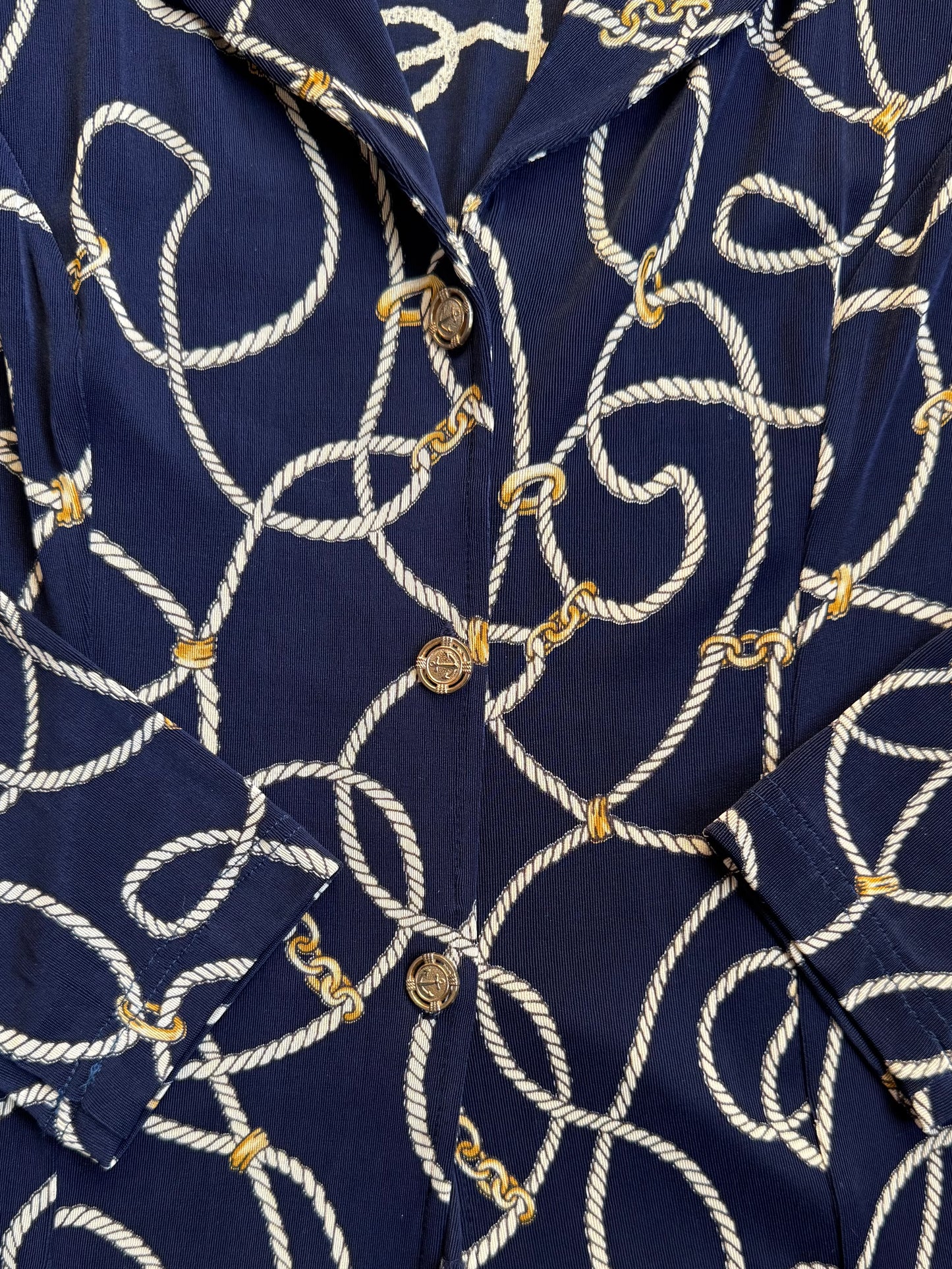 Vintage 1980s Navy Blue Nautical Rope Print Slinky Blouse | Medium
