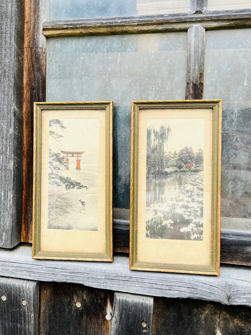 Vintage 1940s Framed Asian Garden Landscape Print Set