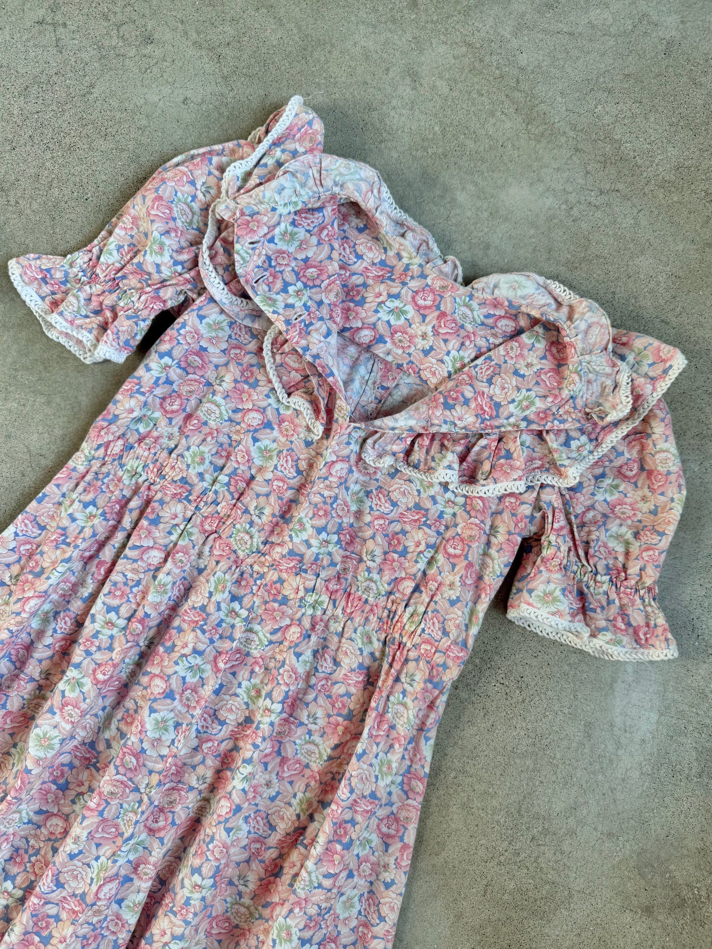 Vintage 1970s Handmade Pink Floral Frilled Collar Babydoll Dress | XS/S