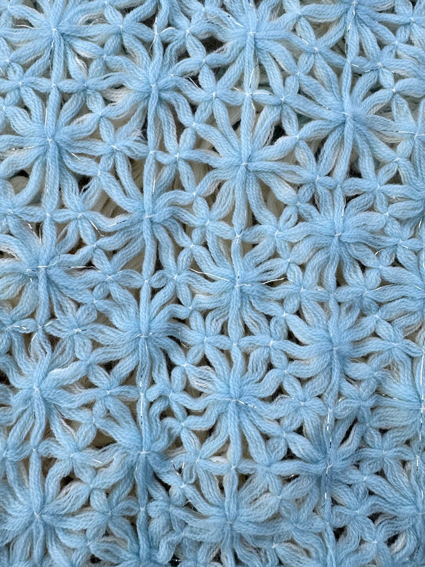 Y2K Cream & Blue Reversible Crochet Fringe Shawl