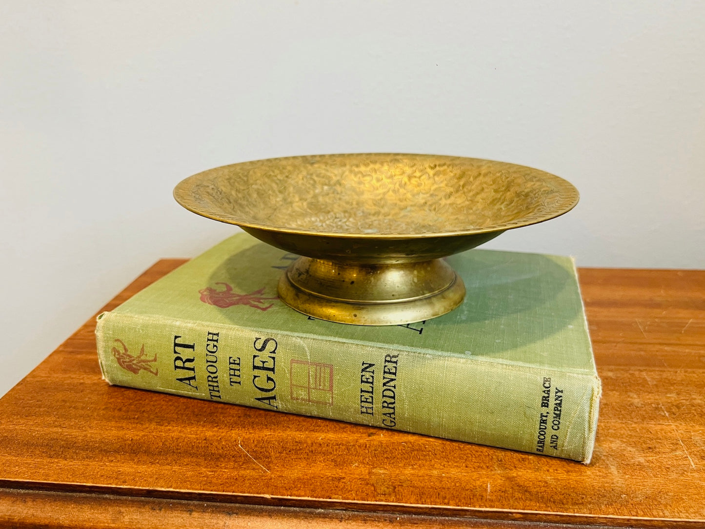 Vintage 1950s Brass Etched Pedestal Bowl