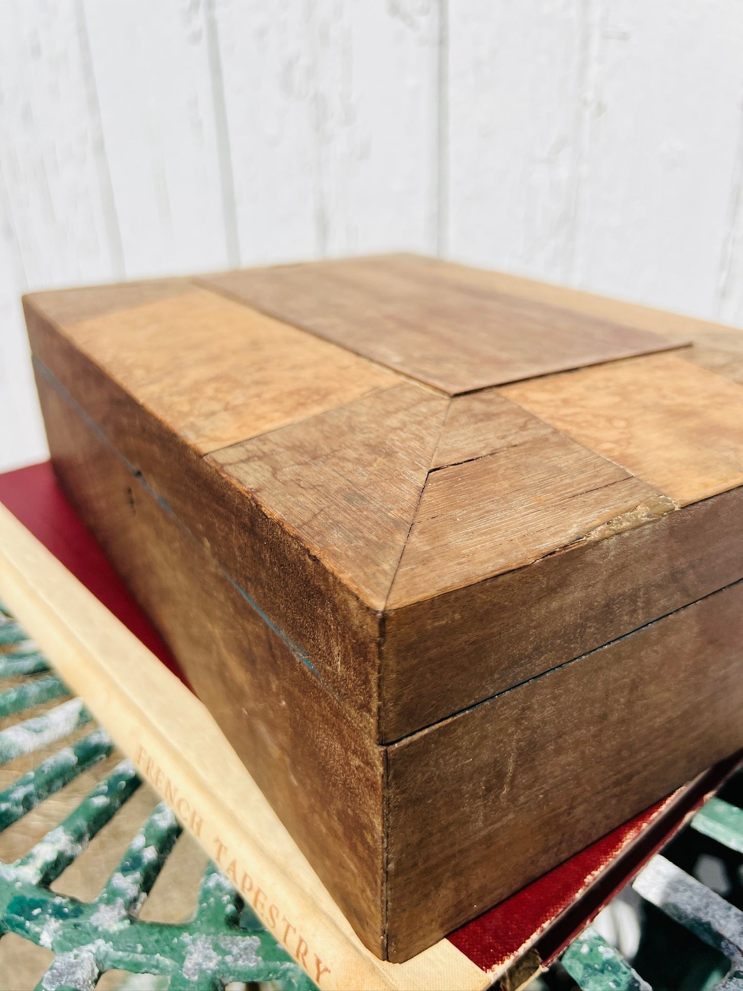 Antique 1800s Primitive Wood Inlay American Folk Art Jewelry Box