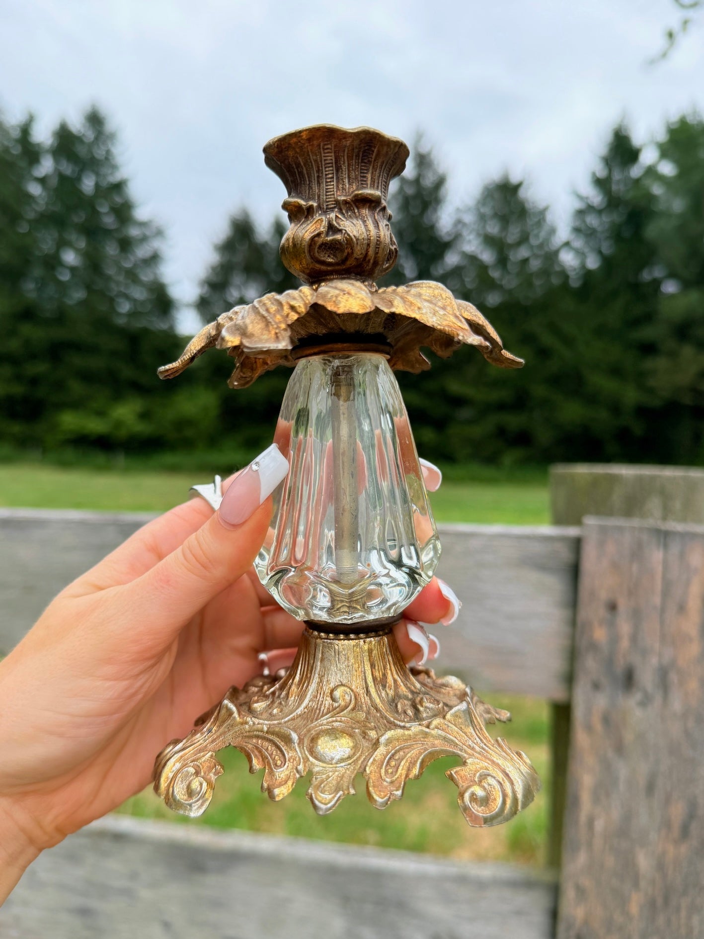 Vintage 1970s Loevsky & Loevsky Ornate Brass & Glass Candlestick Holders | Set of 2