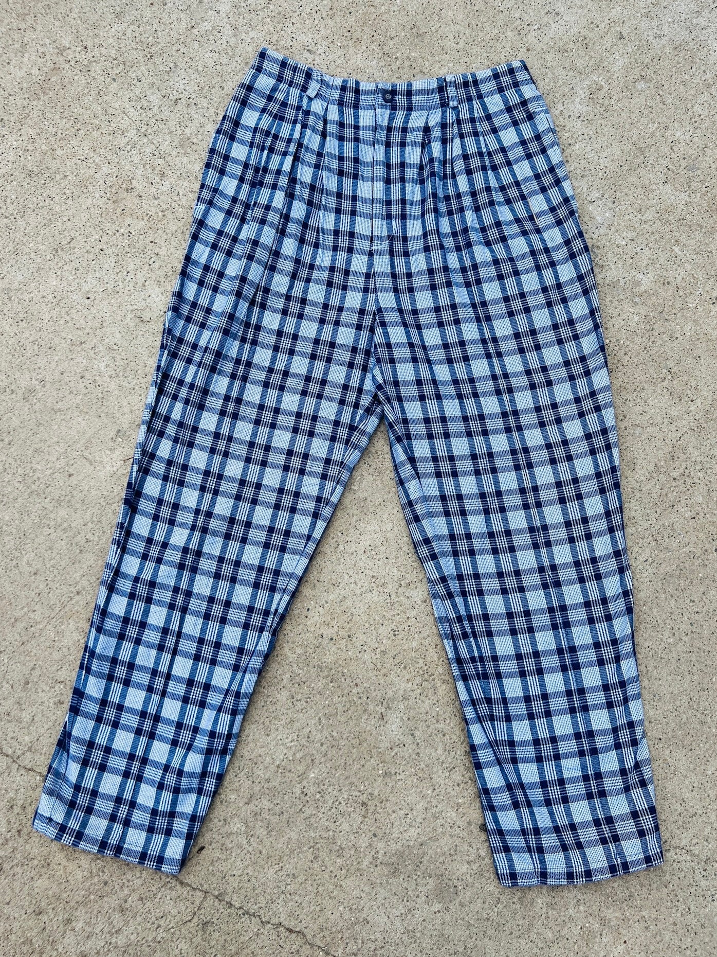 Vintage 1990s Eddie Bauer Blue Plaid Pleated Cotton Trousers | Waist 30”