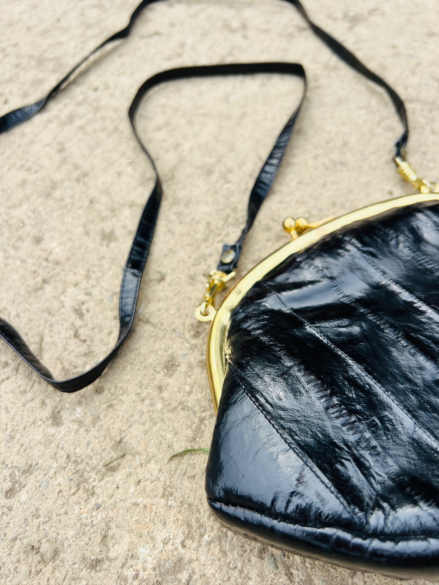 Vintage 1960s Black Eel Skin Crossbody Purse / Clutch
