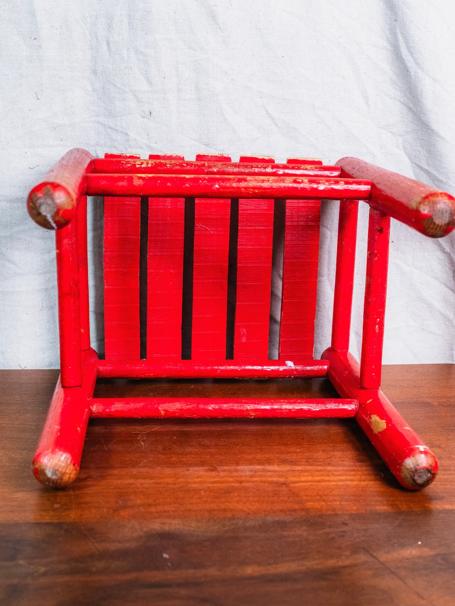 Vintage Farmhouse-Style Red Wood Slat Footstool