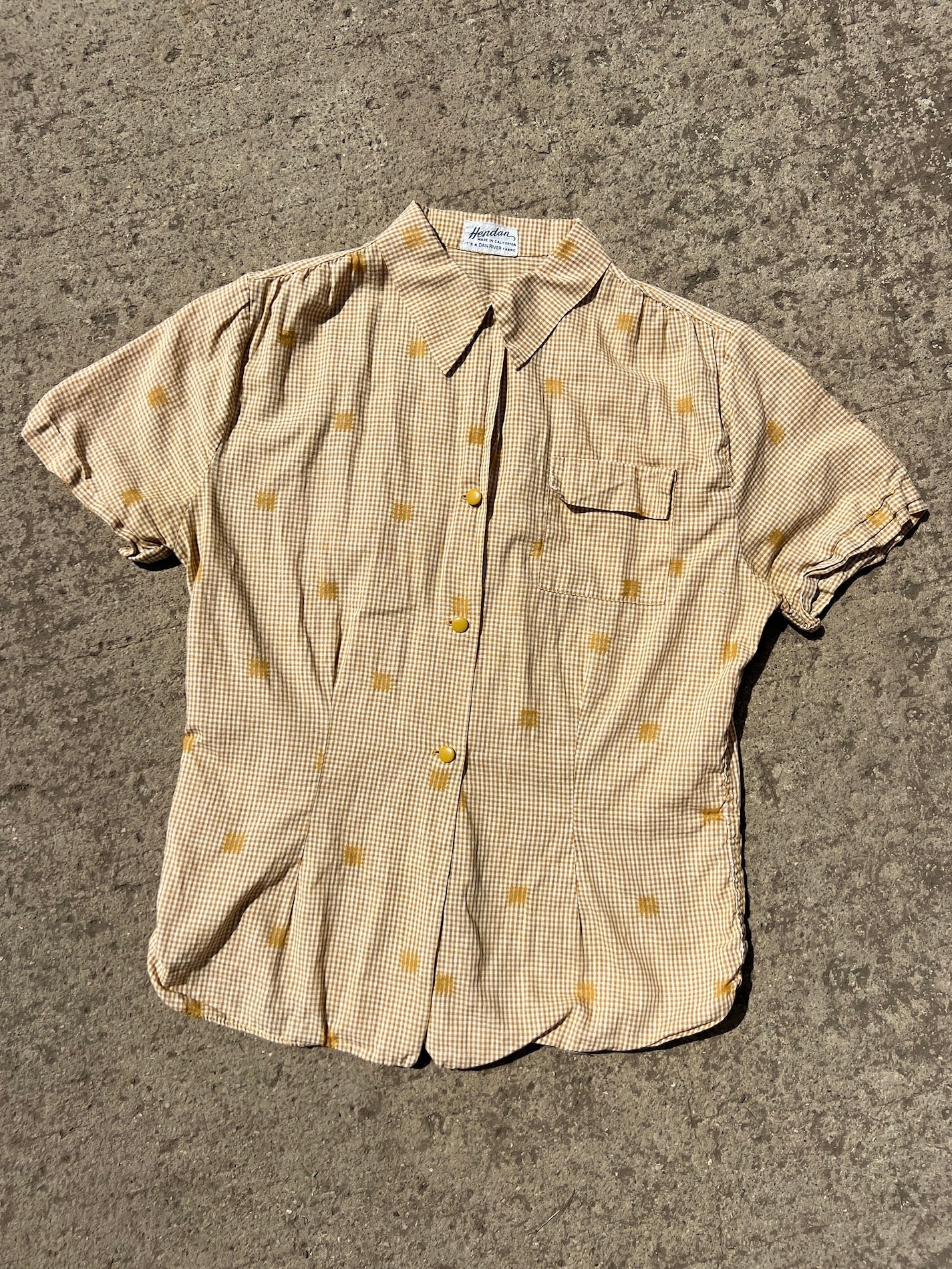 Vintage 1950s Hendan Dan River Fabric Orange Gingham Blouse | Small
