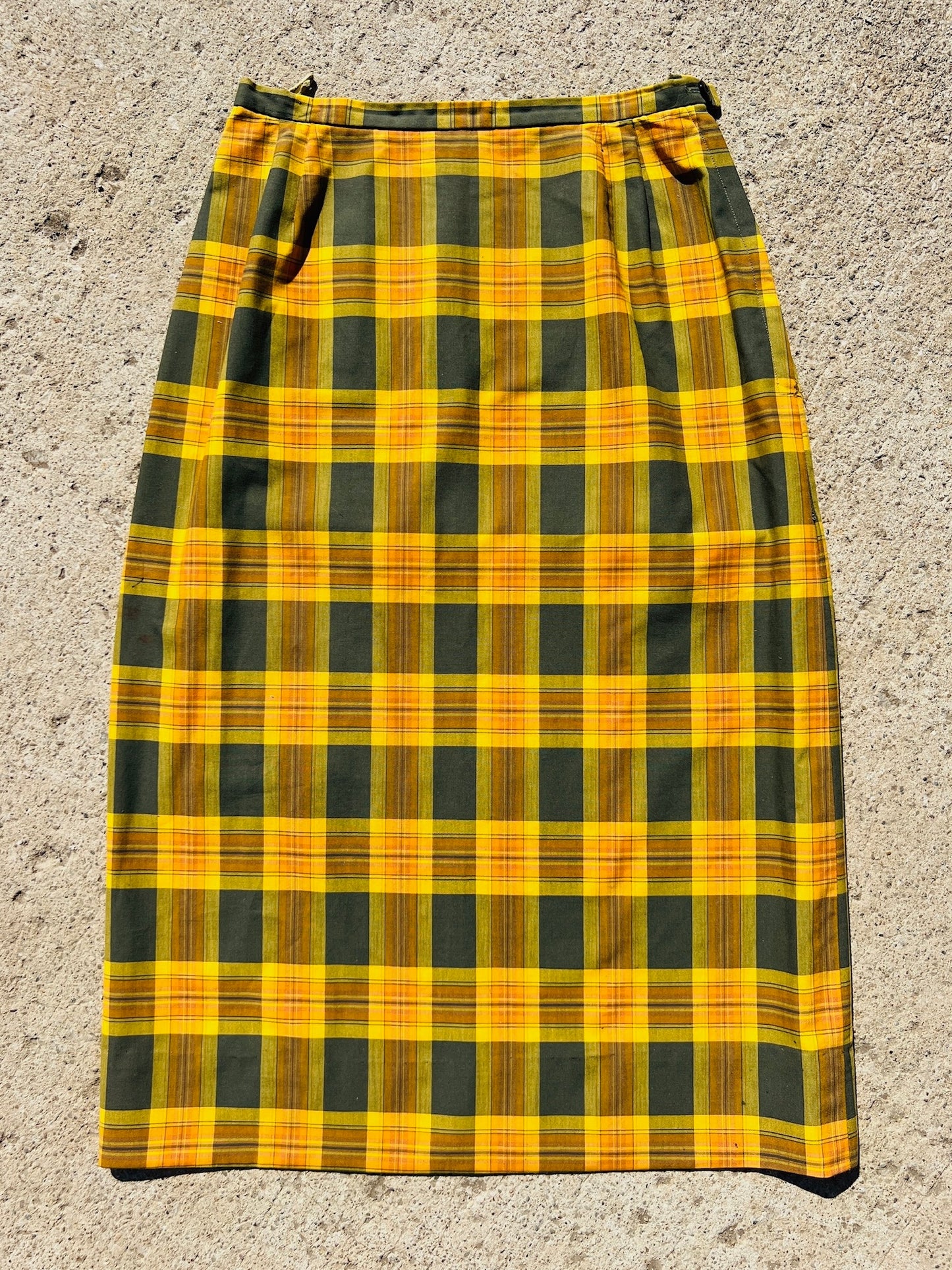 Vintage 1960s Orange Plaid Midi Skirt | Waist 26”