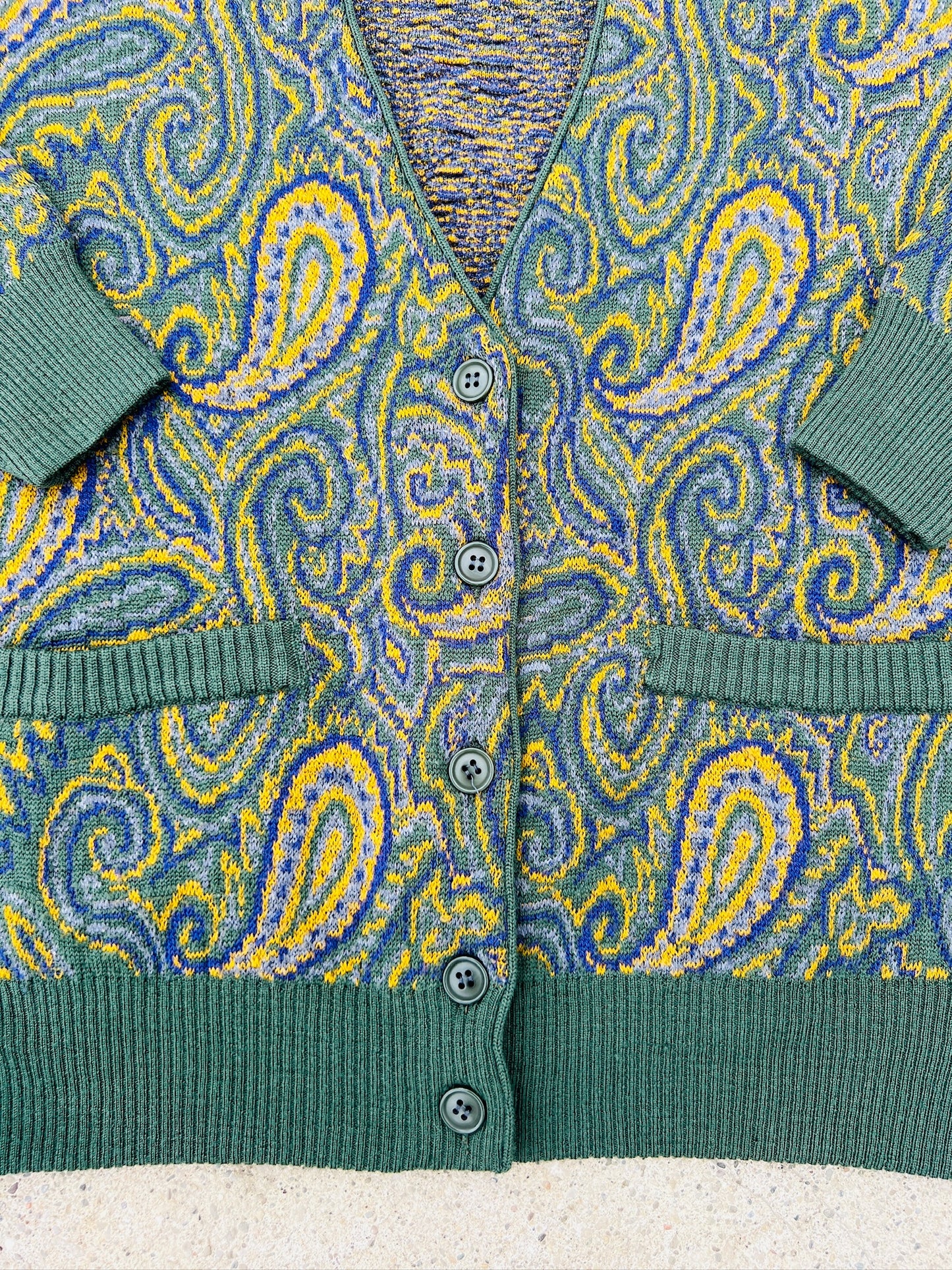 Vintage 1980s Gucci Green Paisley Wool Cardigan | Medium