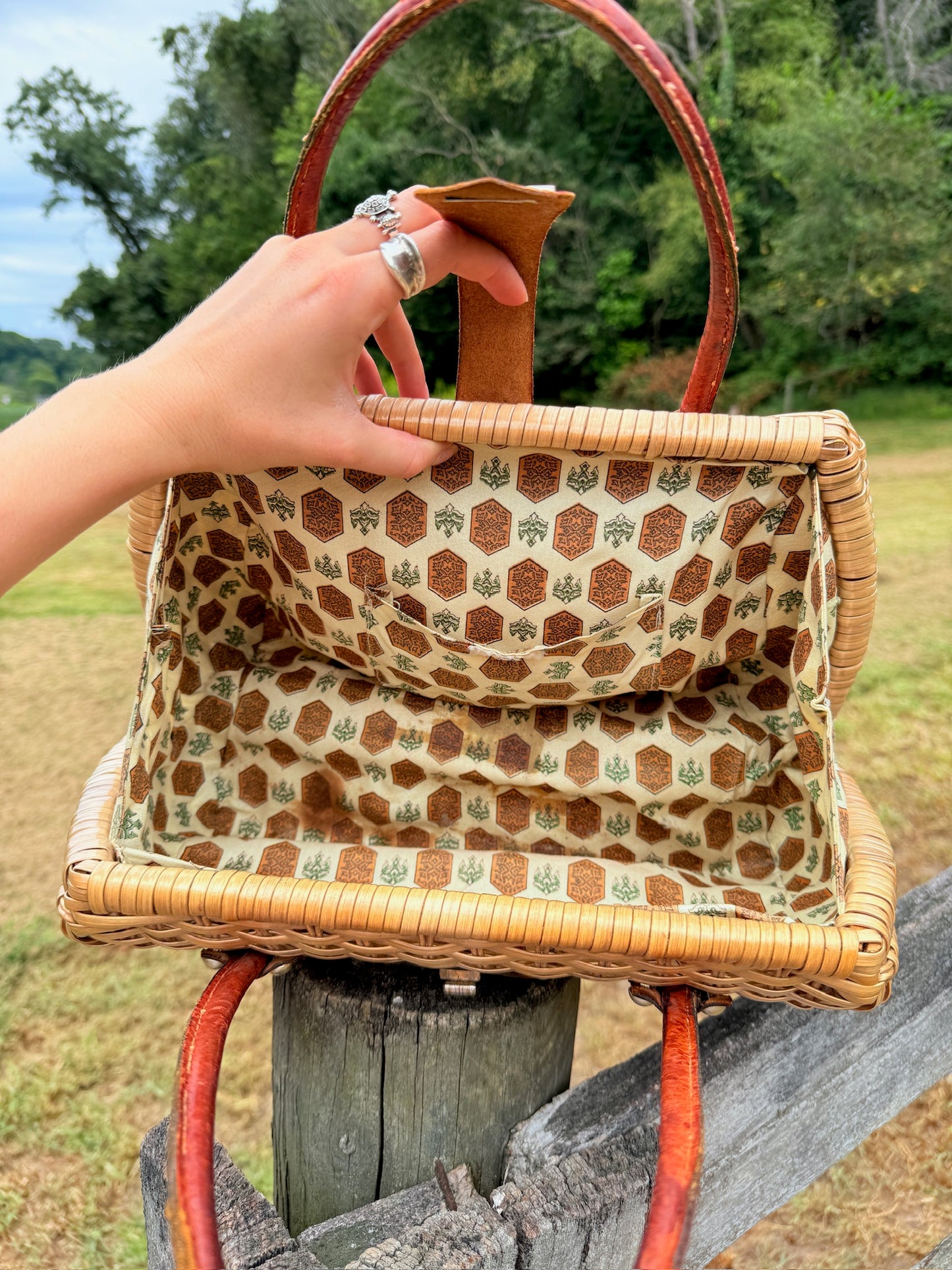 Vintage 1990s Kate Spade Woven Wicker & Leather Accent Top Handle Bag