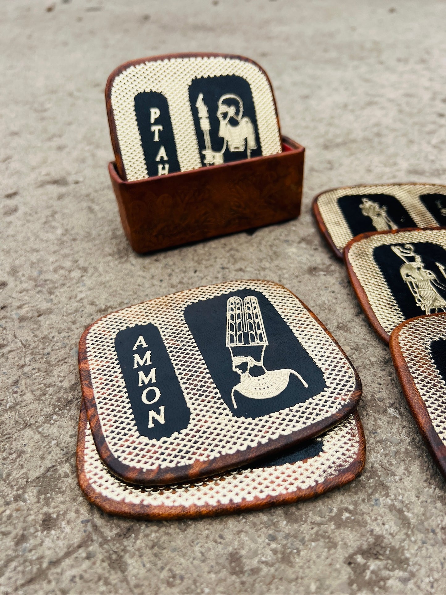 Vintage 1980s Egyptian God Leather Coaster Set