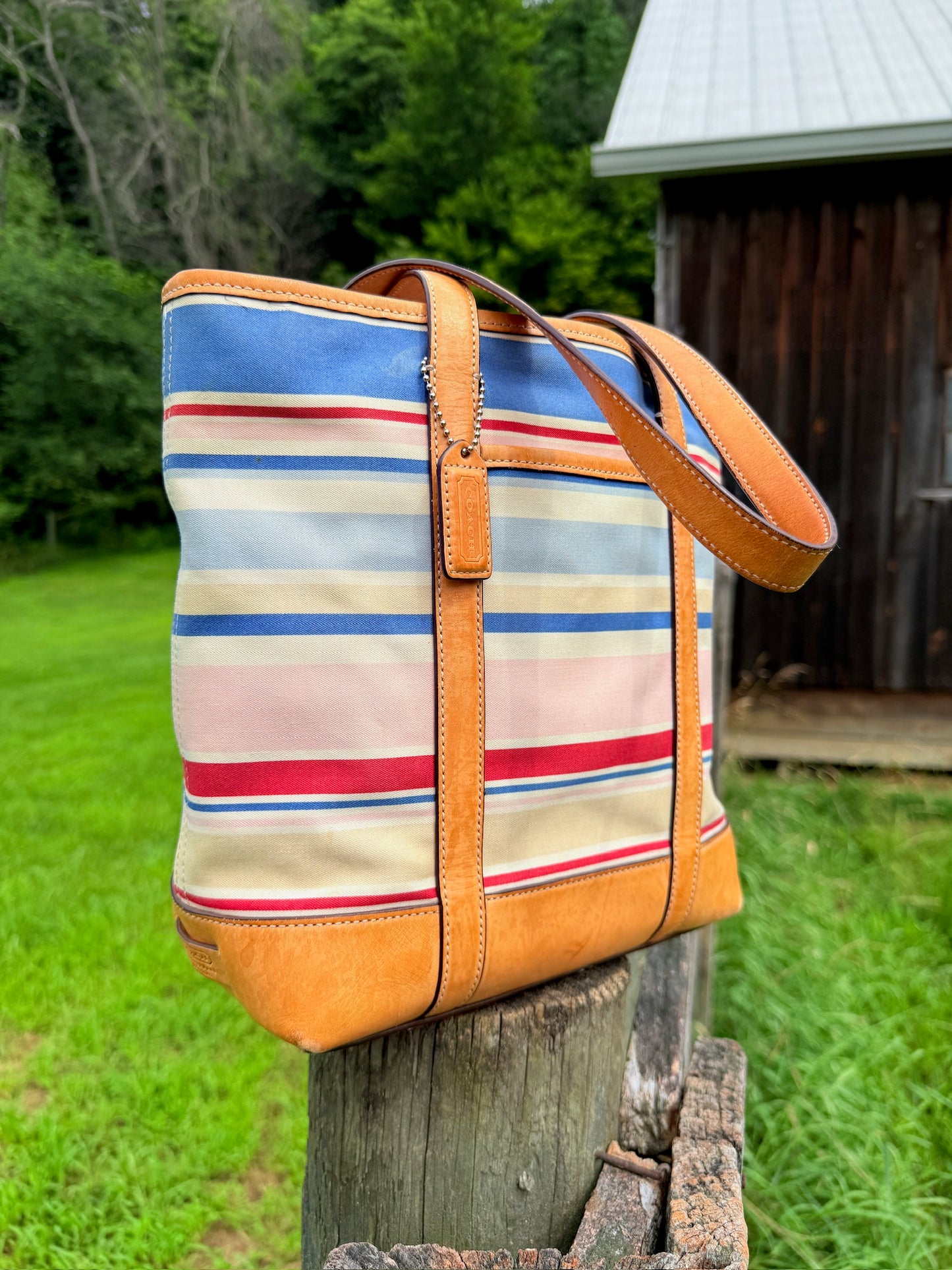 2000s Coach Hampton Striped Canvas & Tan Leather Tote Bag